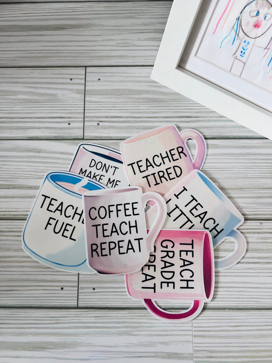 Funny Teacher Coffee Mug Stickers – Set of 6 Inspirational Stickers for Classroom or Gift by Lina Loves Two, handmade in Los Angeles CA