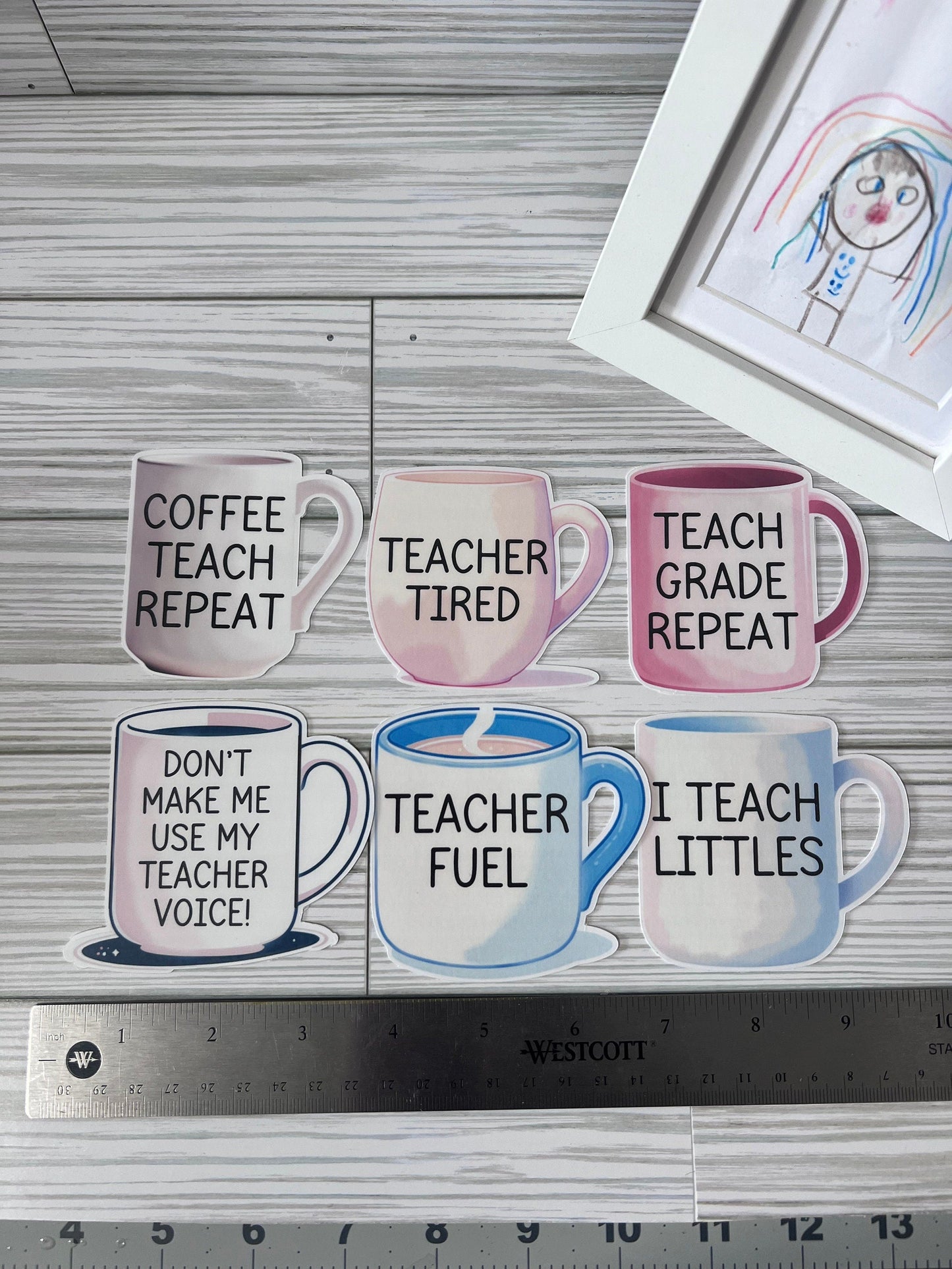 Funny Teacher Coffee Mug Stickers – Set of 6 Inspirational Stickers for Classroom or Gift by Lina Loves Two, handmade in Los Angeles CA