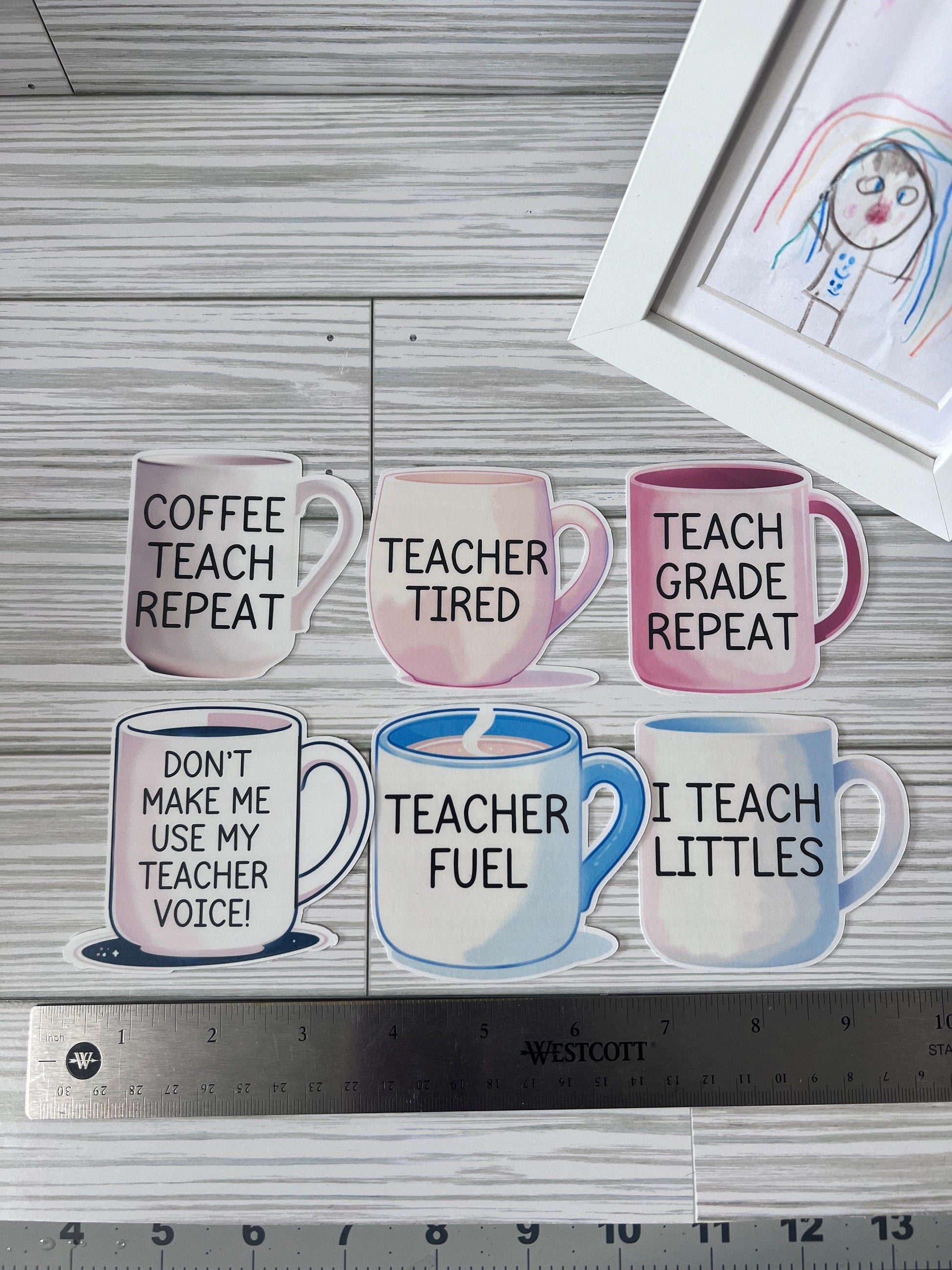 Funny Teacher Coffee Mug Stickers – Set of 6 Inspirational Stickers for Classroom or Gift by Lina Loves Two, handmade in Los Angeles CA