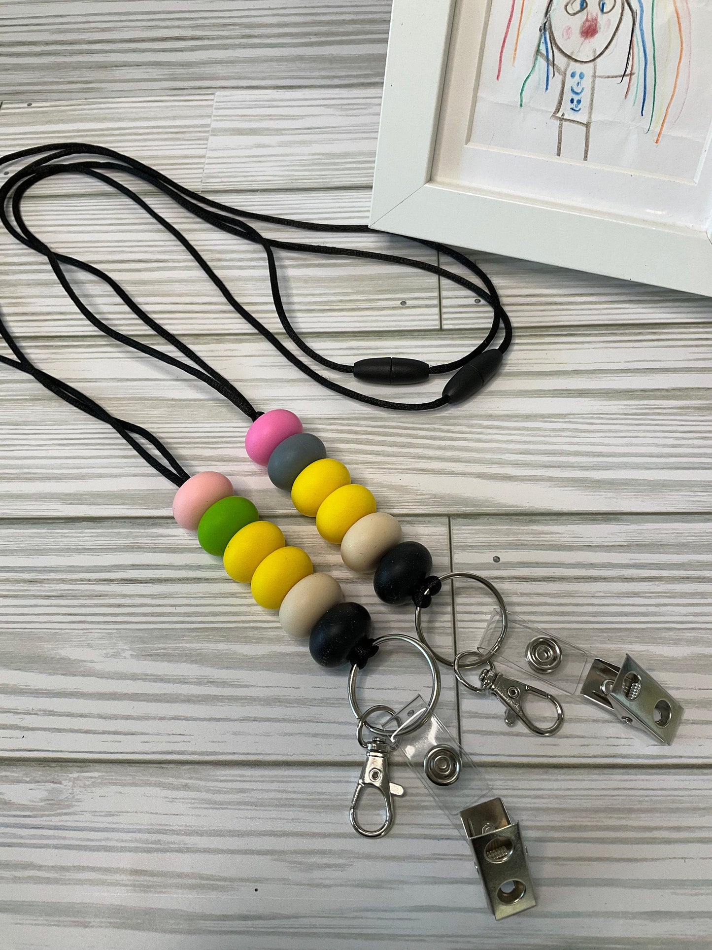 Personalized Teacher Lanyard: Silicone Beads, Glitter Charm by Lina Loves Two, handmade in Los Angeles CA