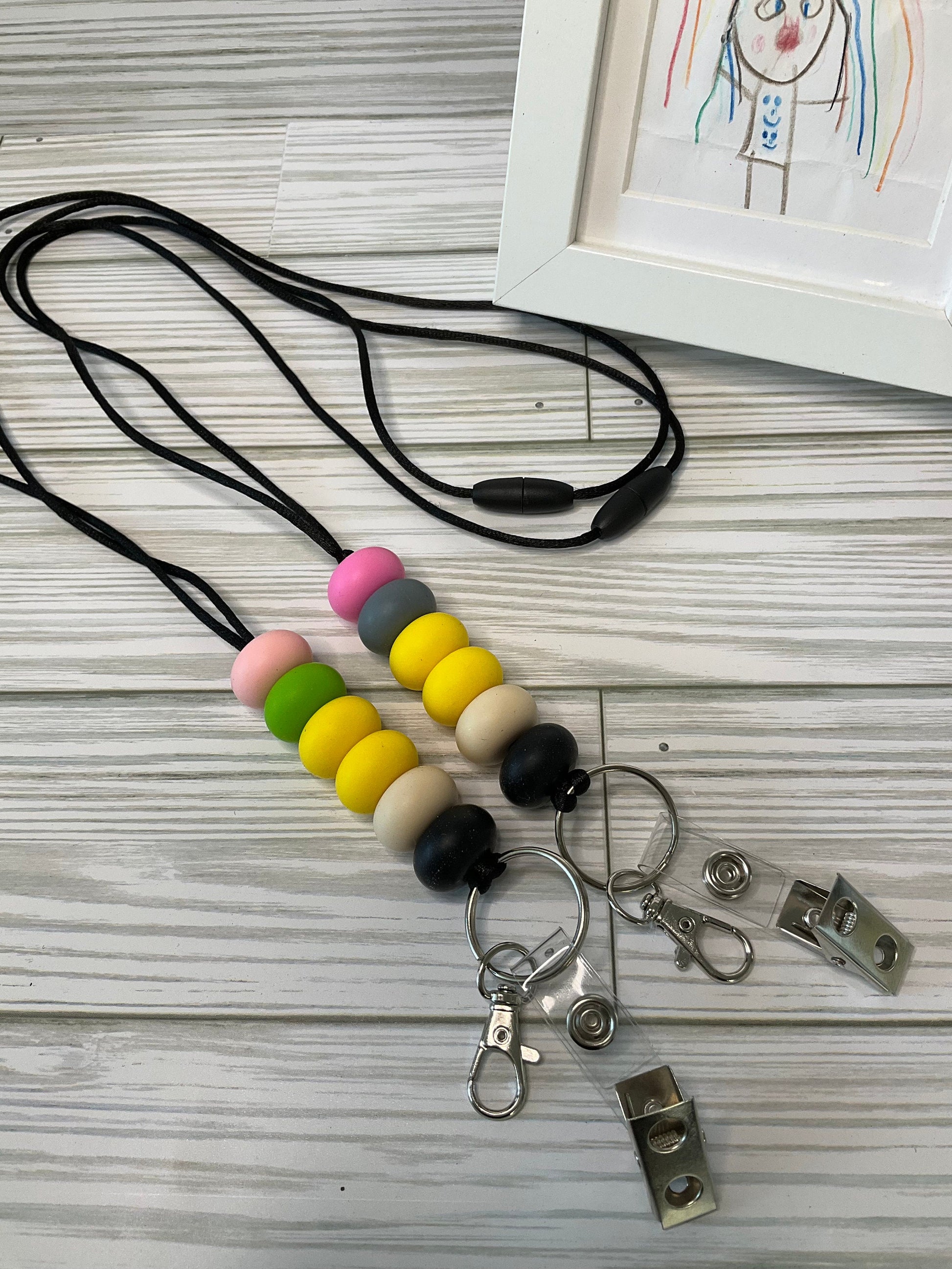 Personalized Teacher Lanyard: Silicone Beads, Glitter Charm by Lina Loves Two, handmade in Los Angeles CA