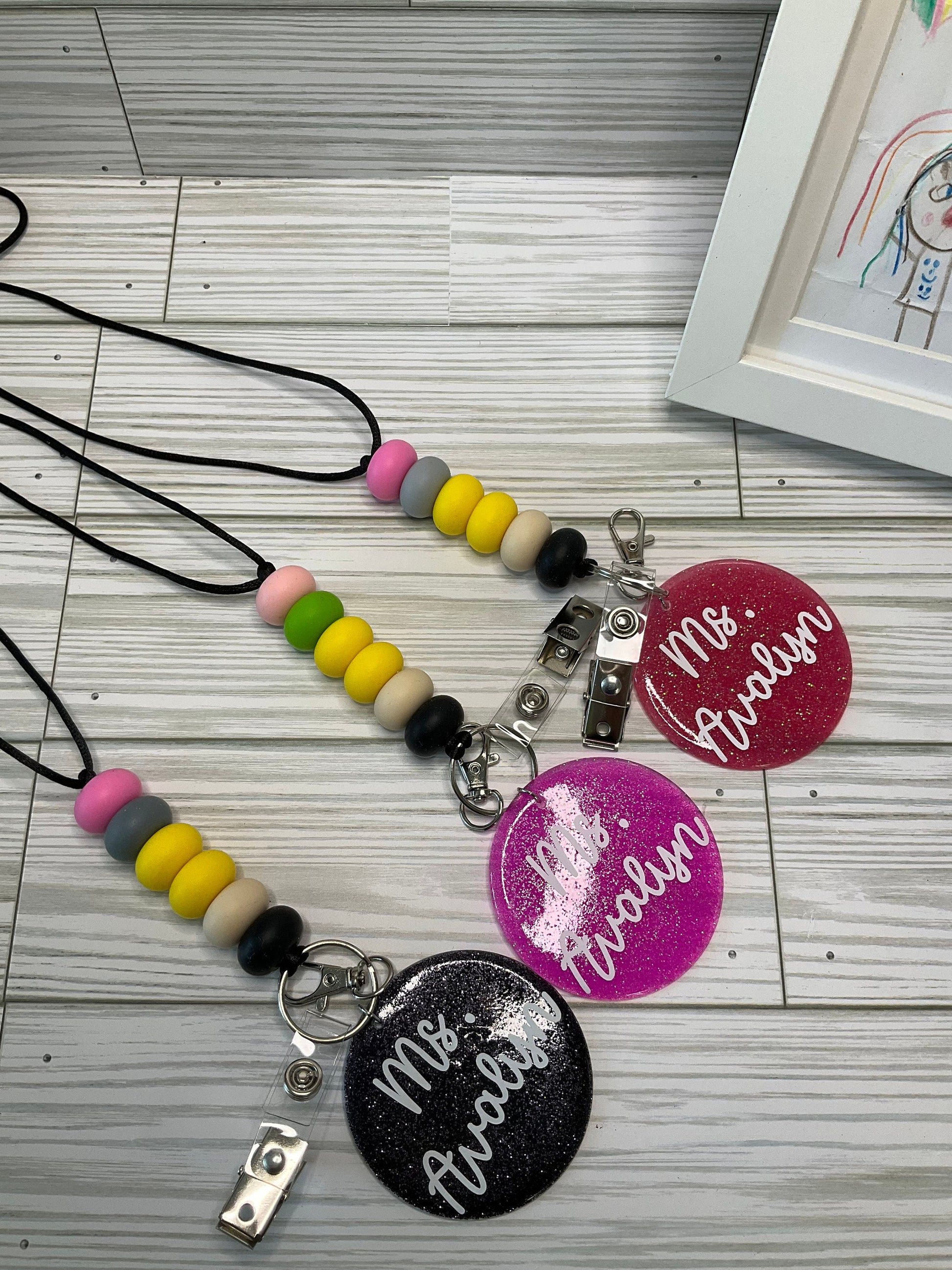 Personalized Teacher Lanyard: Silicone Beads, Glitter Charm by Lina Loves Two, handmade in Los Angeles CA