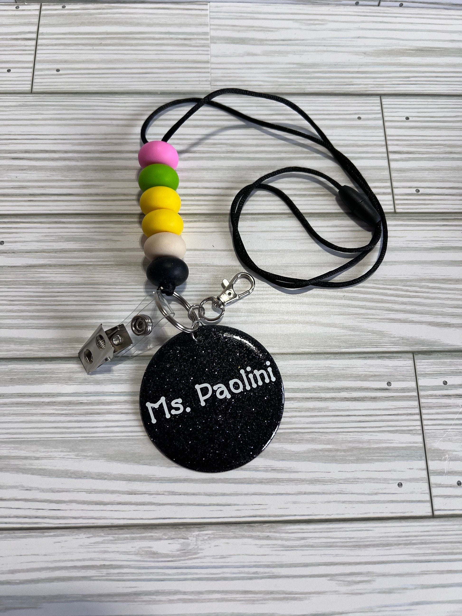 Personalized Teacher Lanyard: Silicone Beads, Glitter Charm by Lina Loves Two, handmade in Los Angeles CA