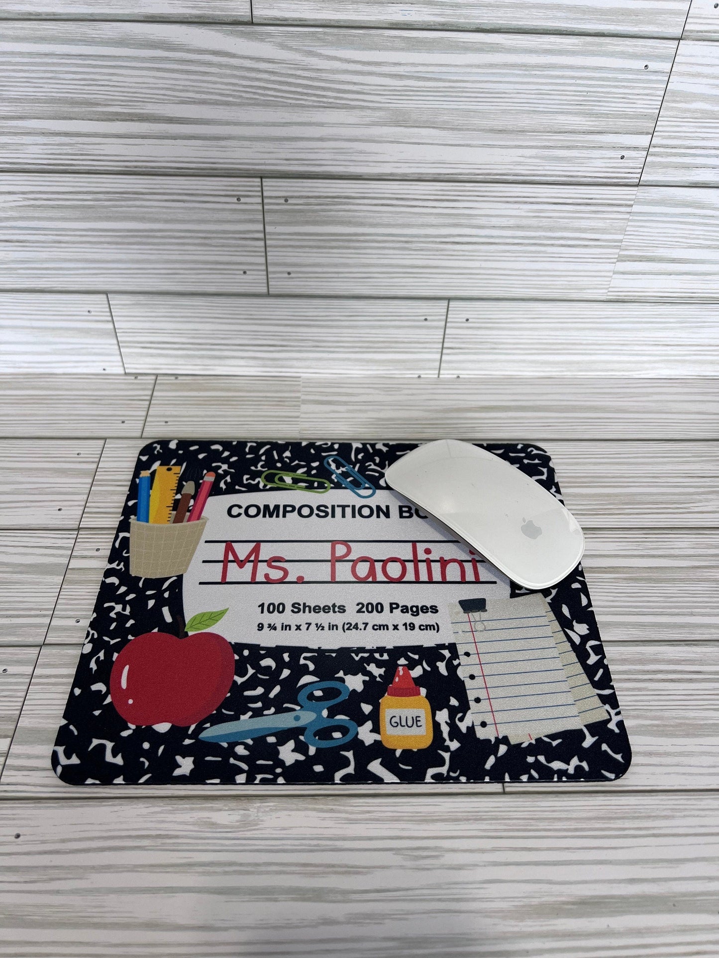 Personalized Teacher Mouse Pad: Composition Book Design by Lina Loves Two, handmade in Los Angeles CA