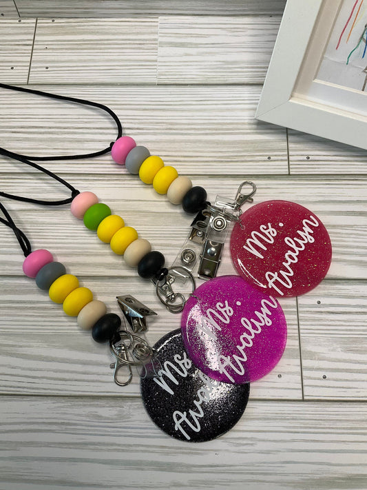 Personalized Teacher Lanyard: Silicone Beads, Glitter Charm by Lina Loves Two, handmade in Los Angeles CA