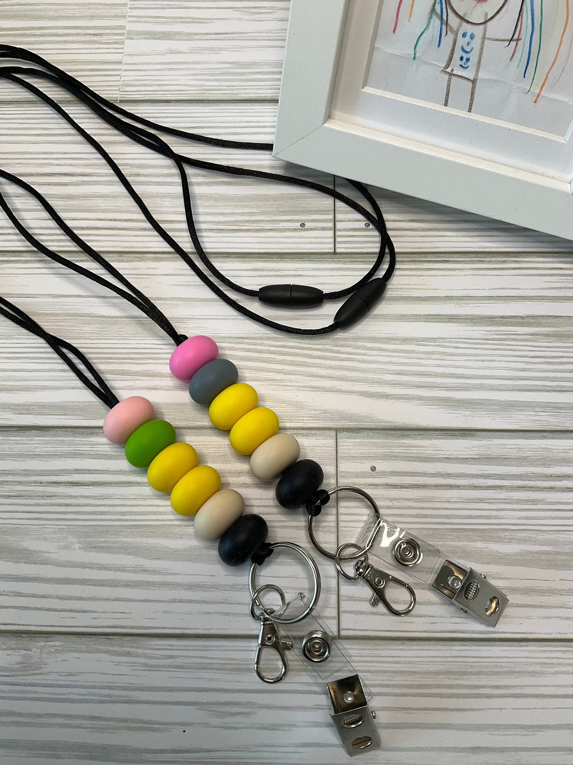 Personalized Teacher Lanyard: Silicone Beads, Glitter Charm by Lina Loves Two, handmade in Los Angeles CA