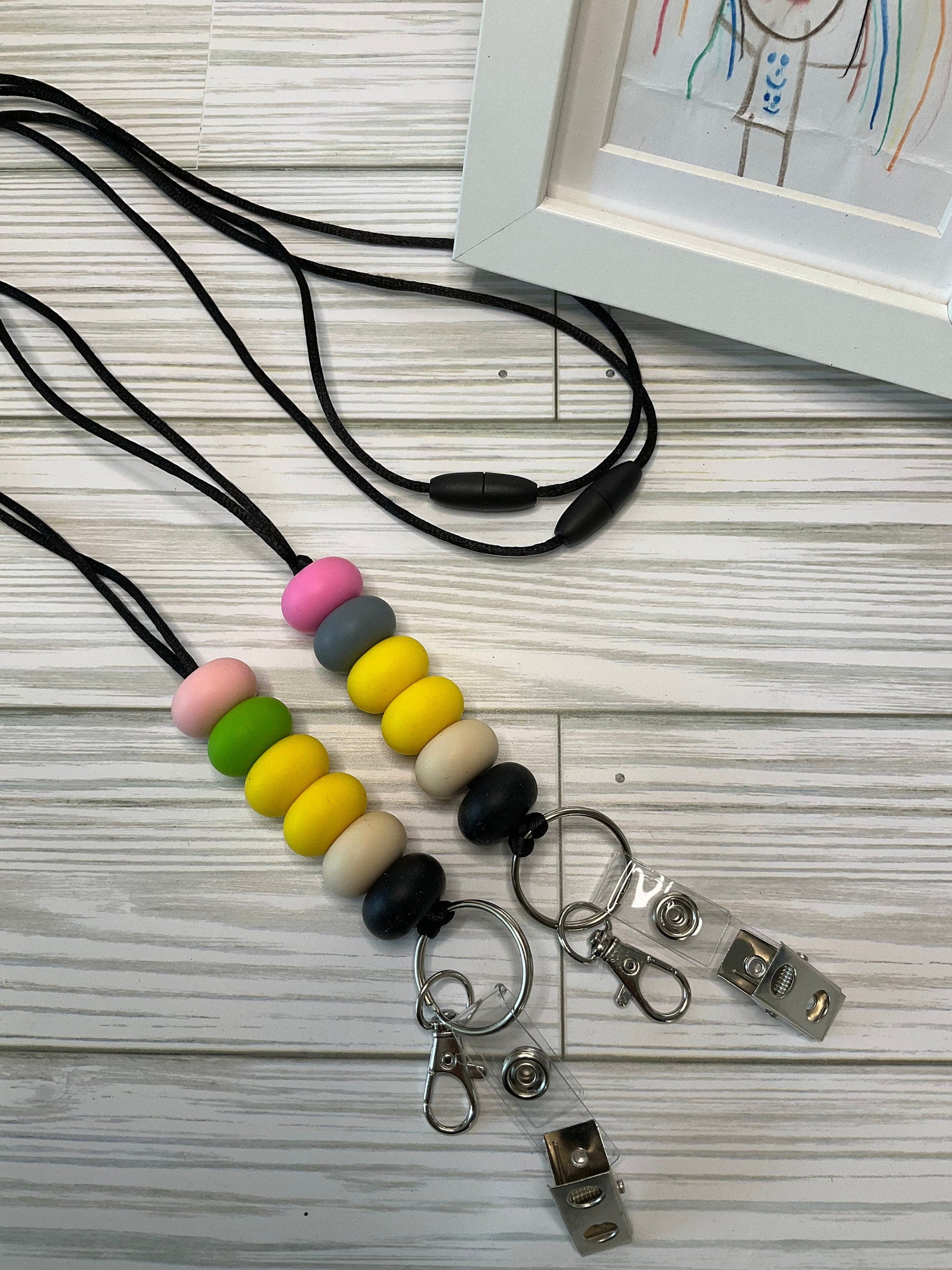 Personalized Teacher Lanyard: Silicone Beads, Glitter Charm by Lina Loves Two, handmade in Los Angeles CA