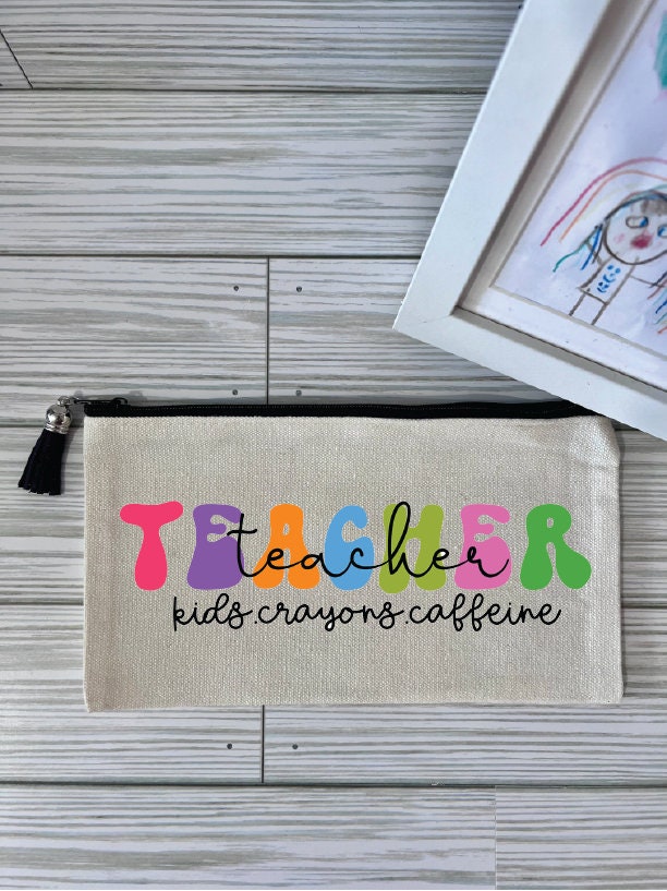 Personalized Teacher Pencil Bag: Kids Crayons Caffeine Design by Lina Loves Two, handmade in Los Angeles CA