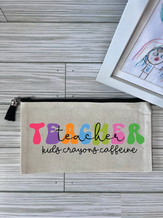 Personalized Teacher Pencil Bag: Kids Crayons Caffeine Design by Lina Loves Two, handmade in Los Angeles CA