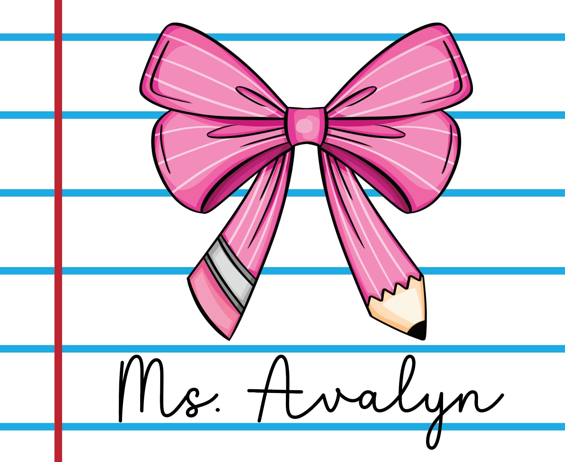 Personalized Teacher Mouse Pad: Coquette Bow Pencil Design by Lina Loves Two, handmade in Los Angeles CA