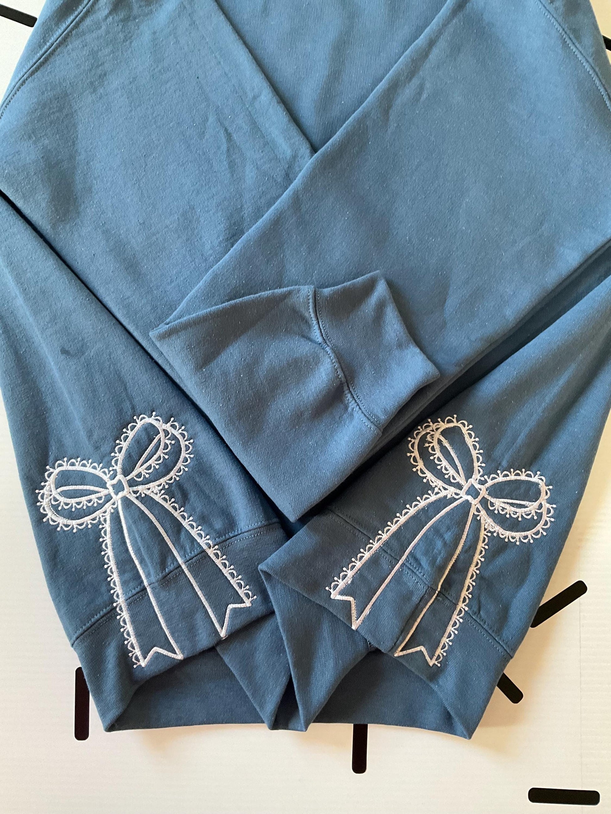 Embroidered Side Bow Sweatshirt: Classic Lace Design by Lina Loves Two, handmade in Los Angeles CA