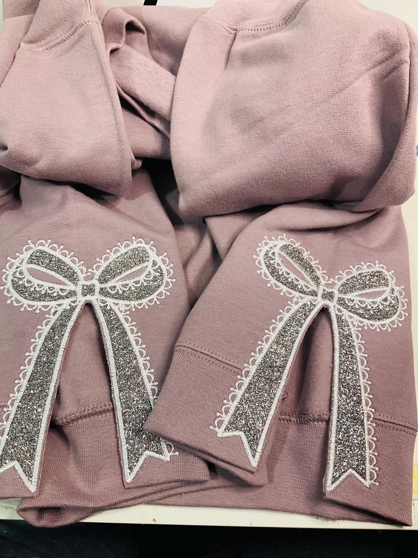 Embroidered Lace Side Bow Appliqué Sweatshirt Design | Classic Lace Bow | Embroidered Bow Sweatshirt | Glitter Side Bow Sweatshirt | Bow