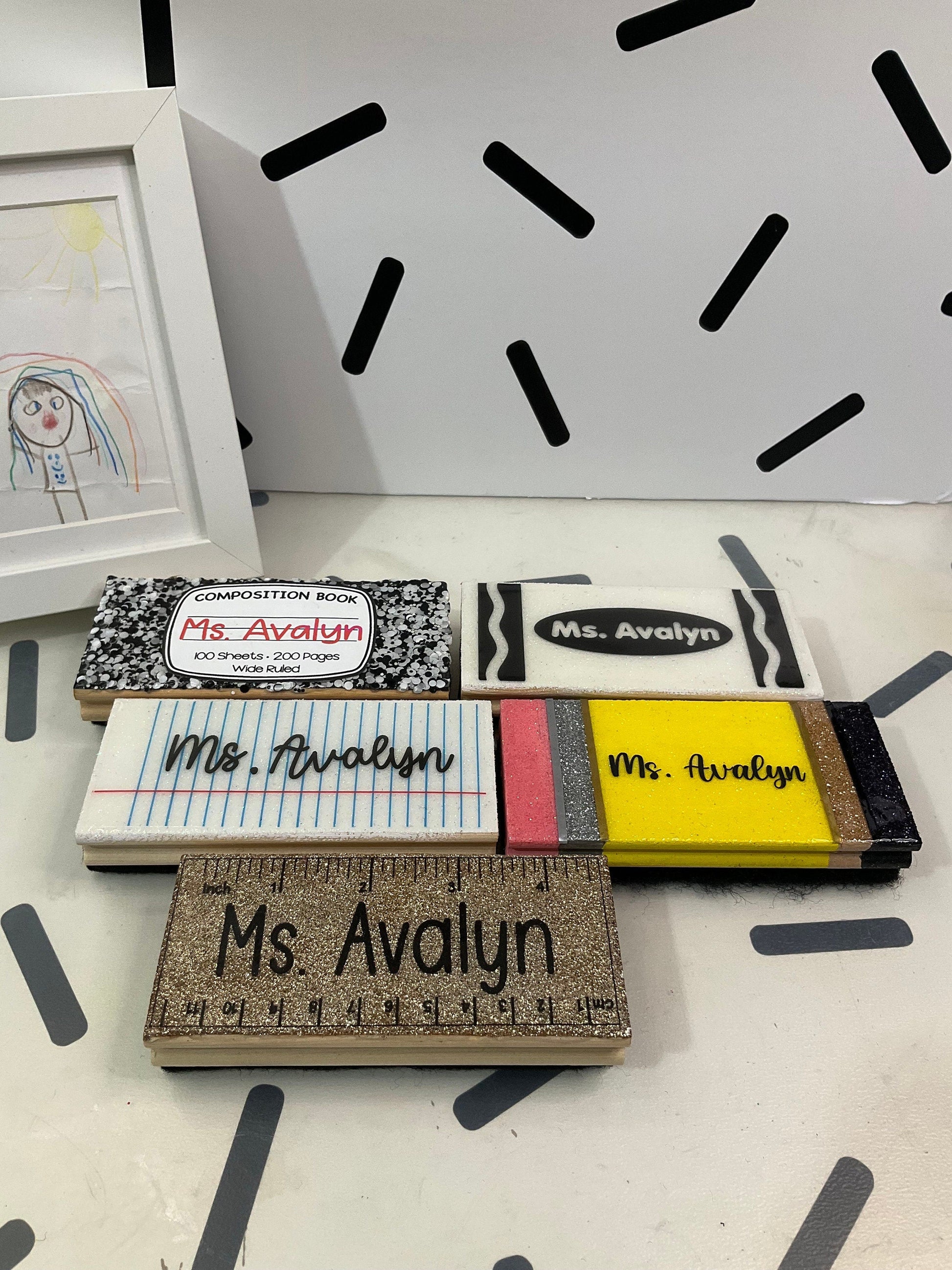 Personalized Board Eraser | Pencil Eraser | Glitter Eraser | Customized Eraser | Crayon Eraser | Teacher Epoxy Resin Eraser Board by Lina Loves Two, handmade in Los Angeles CA
