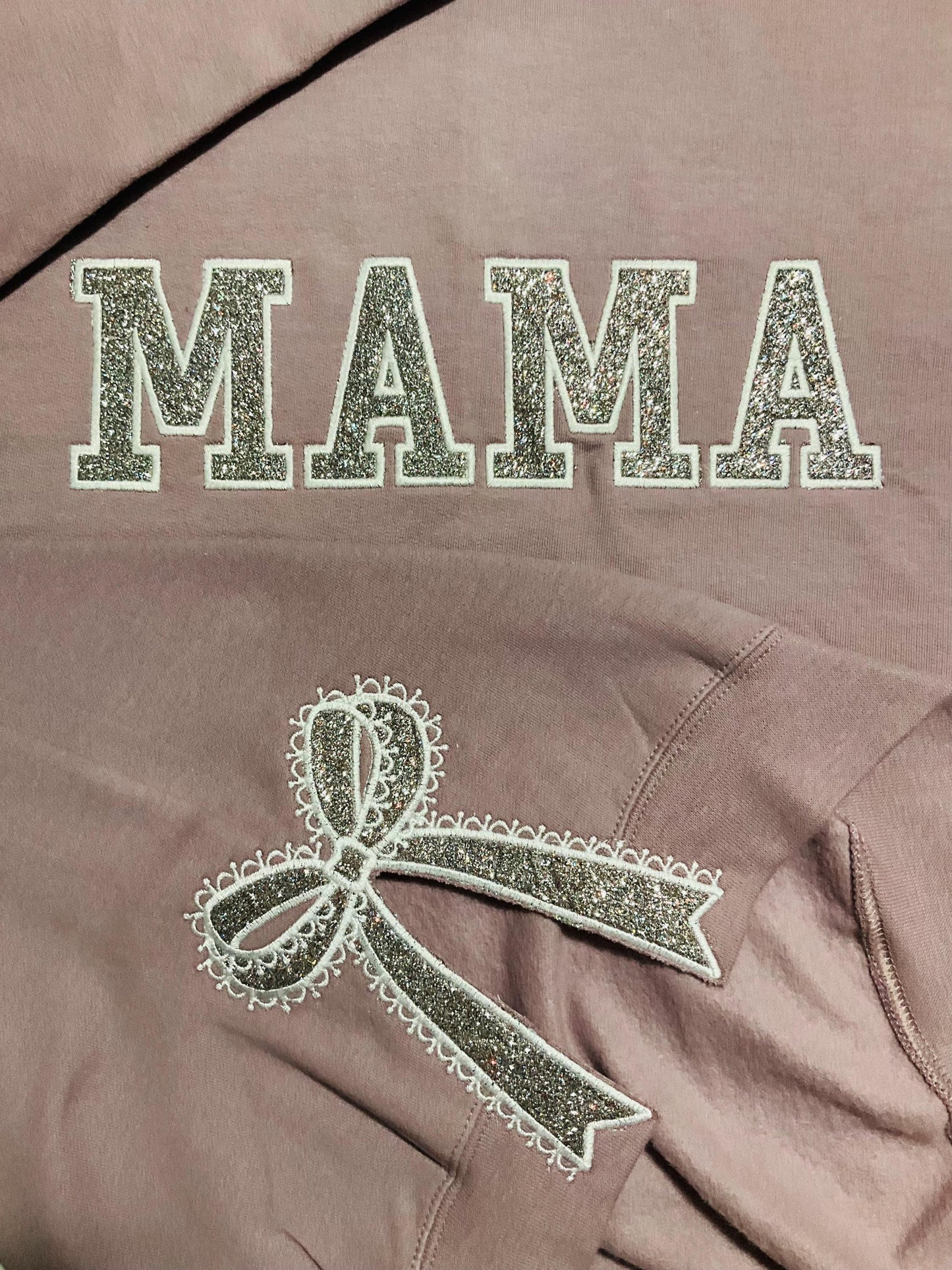Embroidered Lace Side Bow Mama Appliqué Sweatshirt Design | Classic Lace Bow | Embroidered Bow Sweatshirt | Glitter Side Bow Sweatshirt by Lina Loves Two, handmade in Los Angeles CA