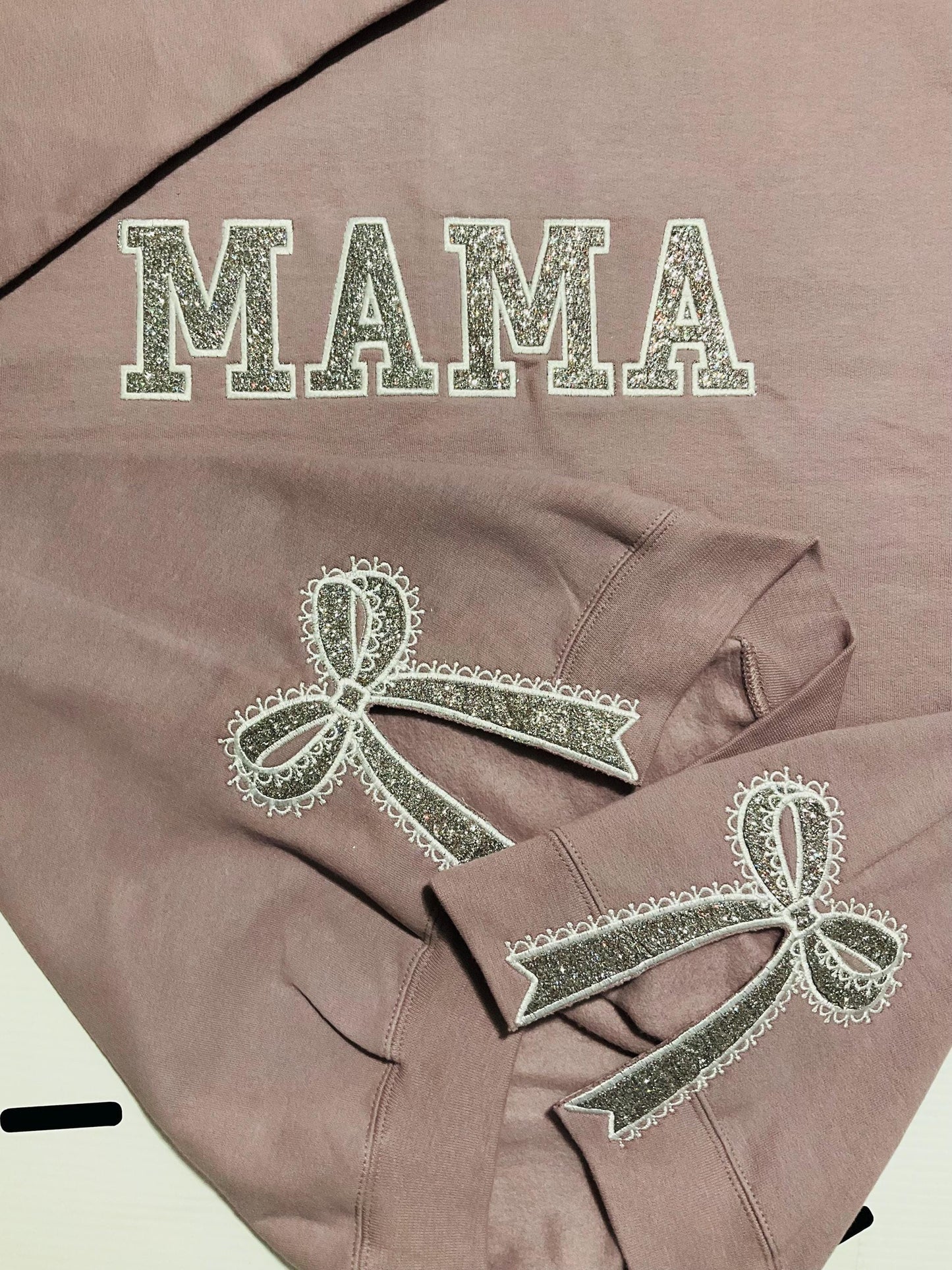 Embroidered Lace Side Bow Mama Appliqué Sweatshirt Design | Classic Lace Bow | Embroidered Bow Sweatshirt | Glitter Side Bow Sweatshirt by Lina Loves Two, handmade in Los Angeles CA