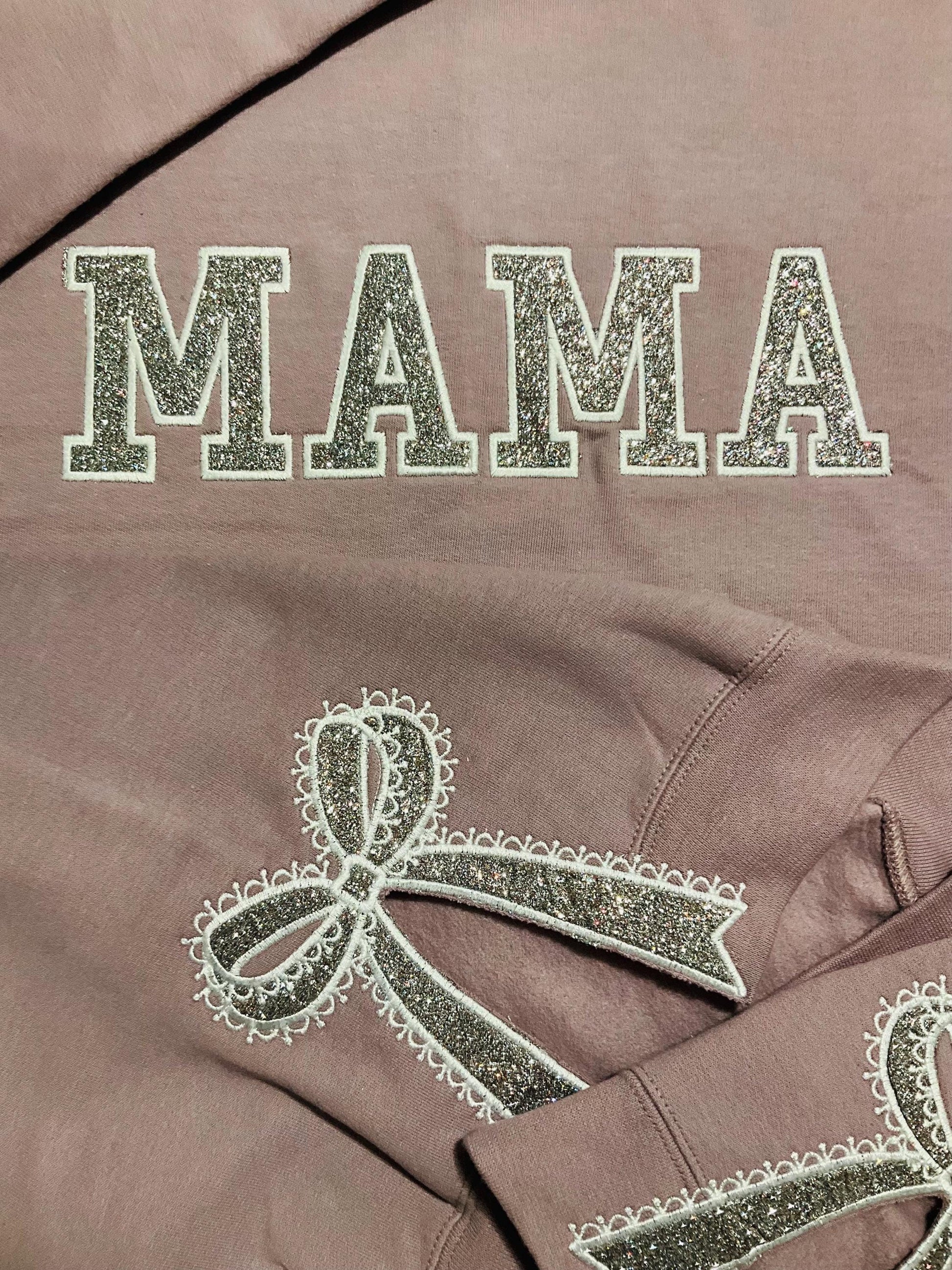 Embroidered Lace Side Bow Mama Appliqué Sweatshirt Design | Classic Lace Bow | Embroidered Bow Sweatshirt | Glitter Side Bow Sweatshirt