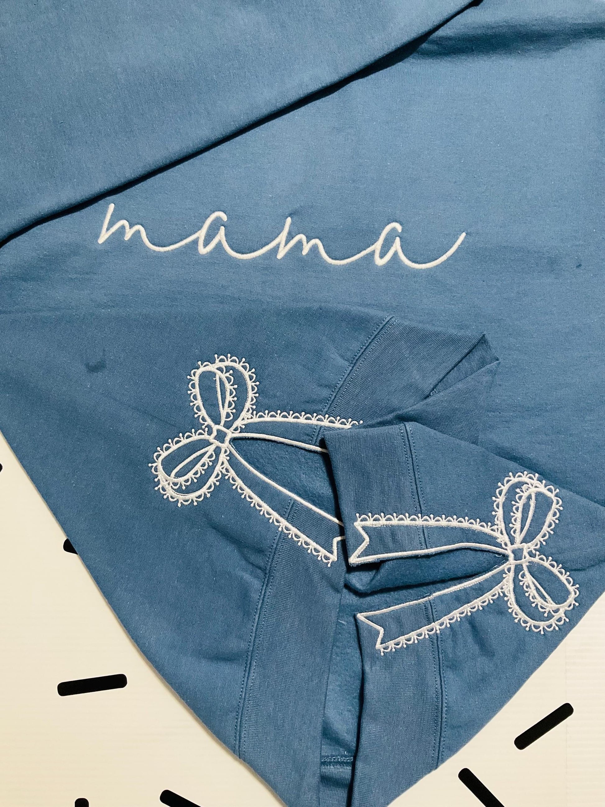 Embroidered Mama Sweatshirt: Classic Lace Side Bow Design by Lina Loves Two, handmade in Los Angeles CA