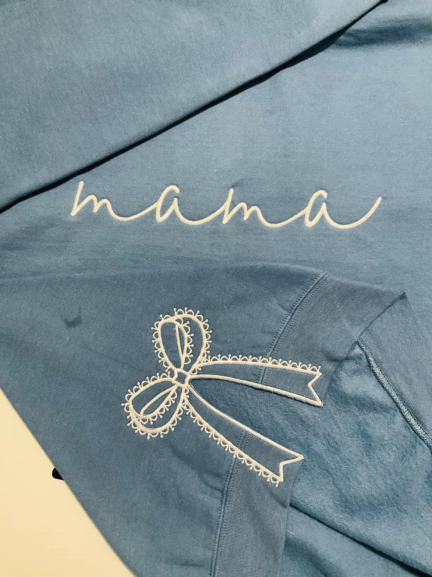 Embroidered Mama Sweatshirt: Classic Lace Side Bow Design by Lina Loves Two, handmade in Los Angeles CA