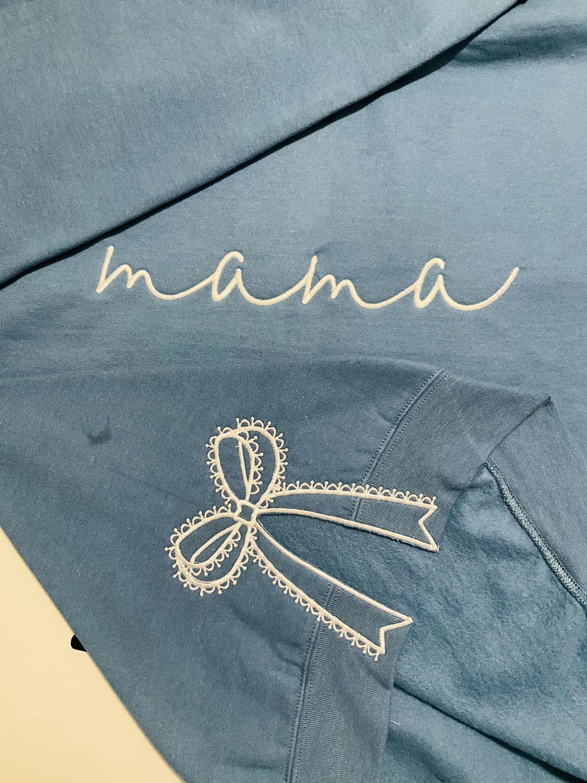 Embroidered Mama Sweatshirt: Classic Lace Side Bow Design by Lina Loves Two, handmade in Los Angeles CA