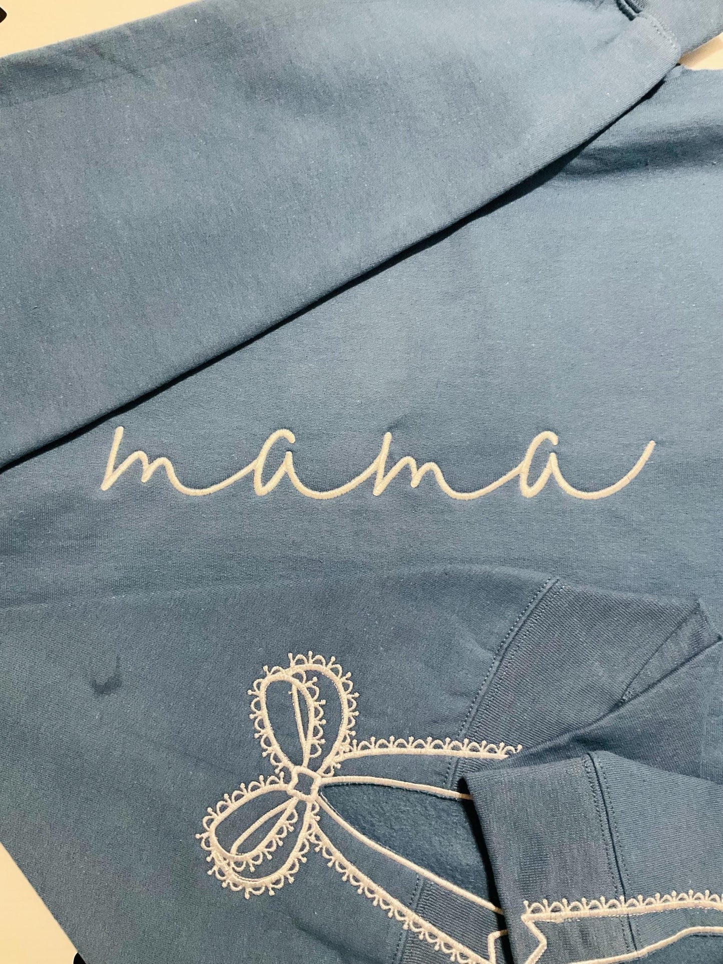 Embroidered Mama Sweatshirt: Classic Lace Side Bow Design by Lina Loves Two, handmade in Los Angeles CA