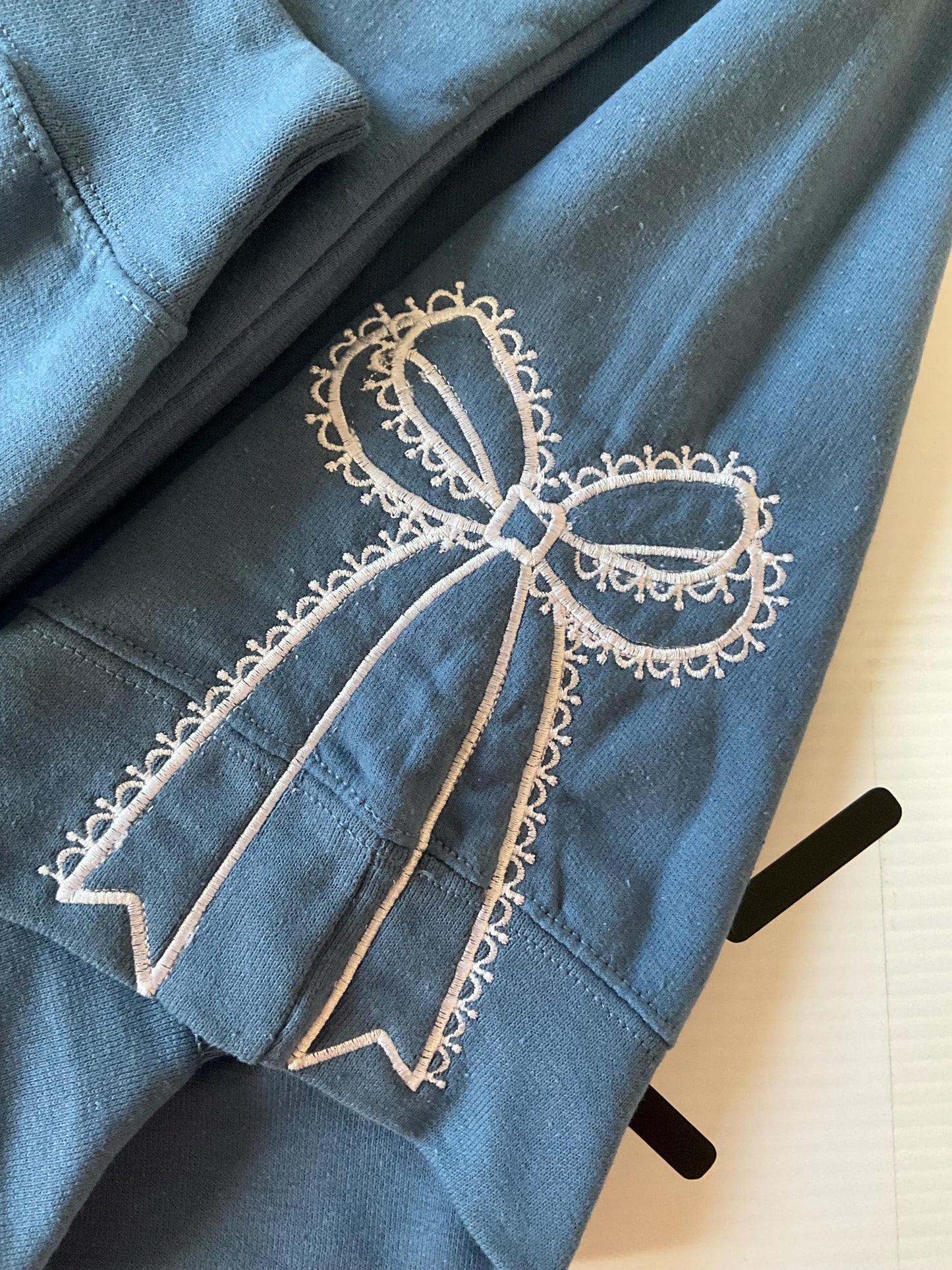 Embroidered Side Bow Sweatshirt: Classic Lace Design by Lina Loves Two, handmade in Los Angeles CA