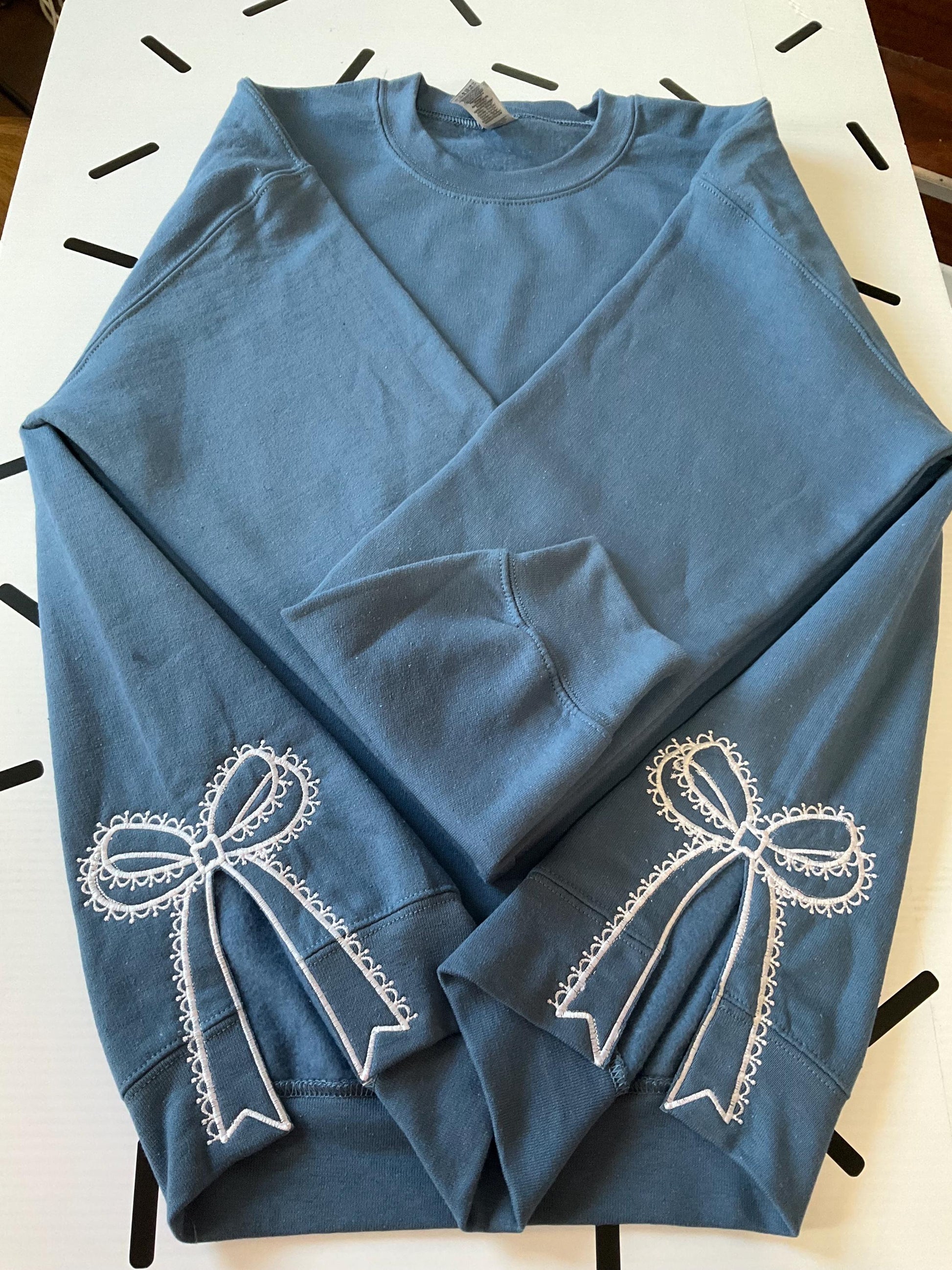 Embroidered Side Bow Sweatshirt: Classic Lace Design by Lina Loves Two, handmade in Los Angeles CA