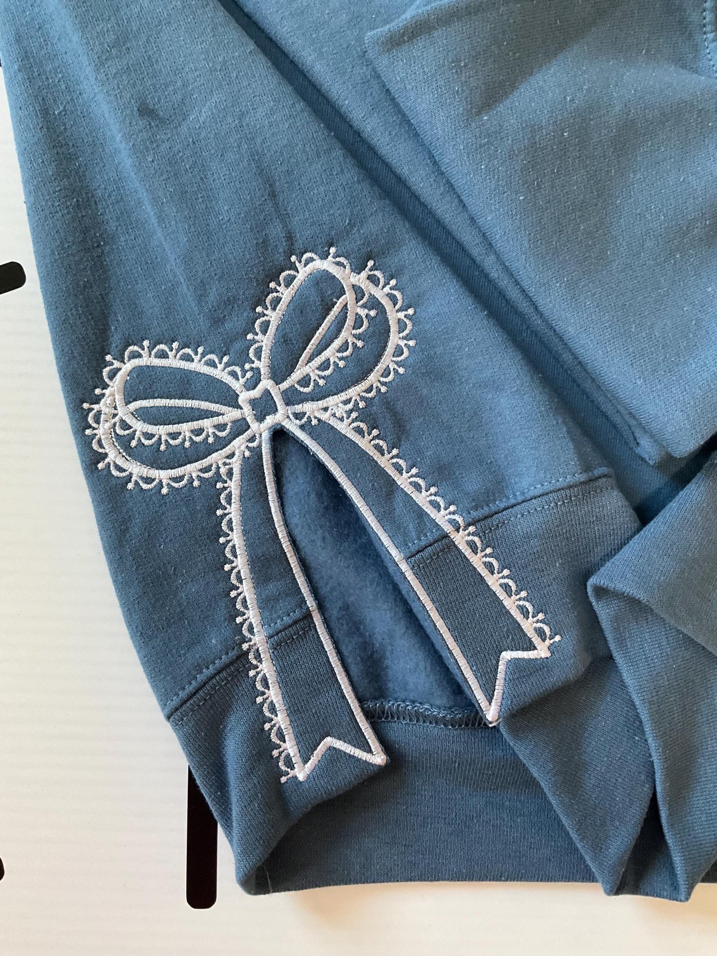 Embroidered Side Bow Sweatshirt: Classic Lace Design by Lina Loves Two, handmade in Los Angeles CA