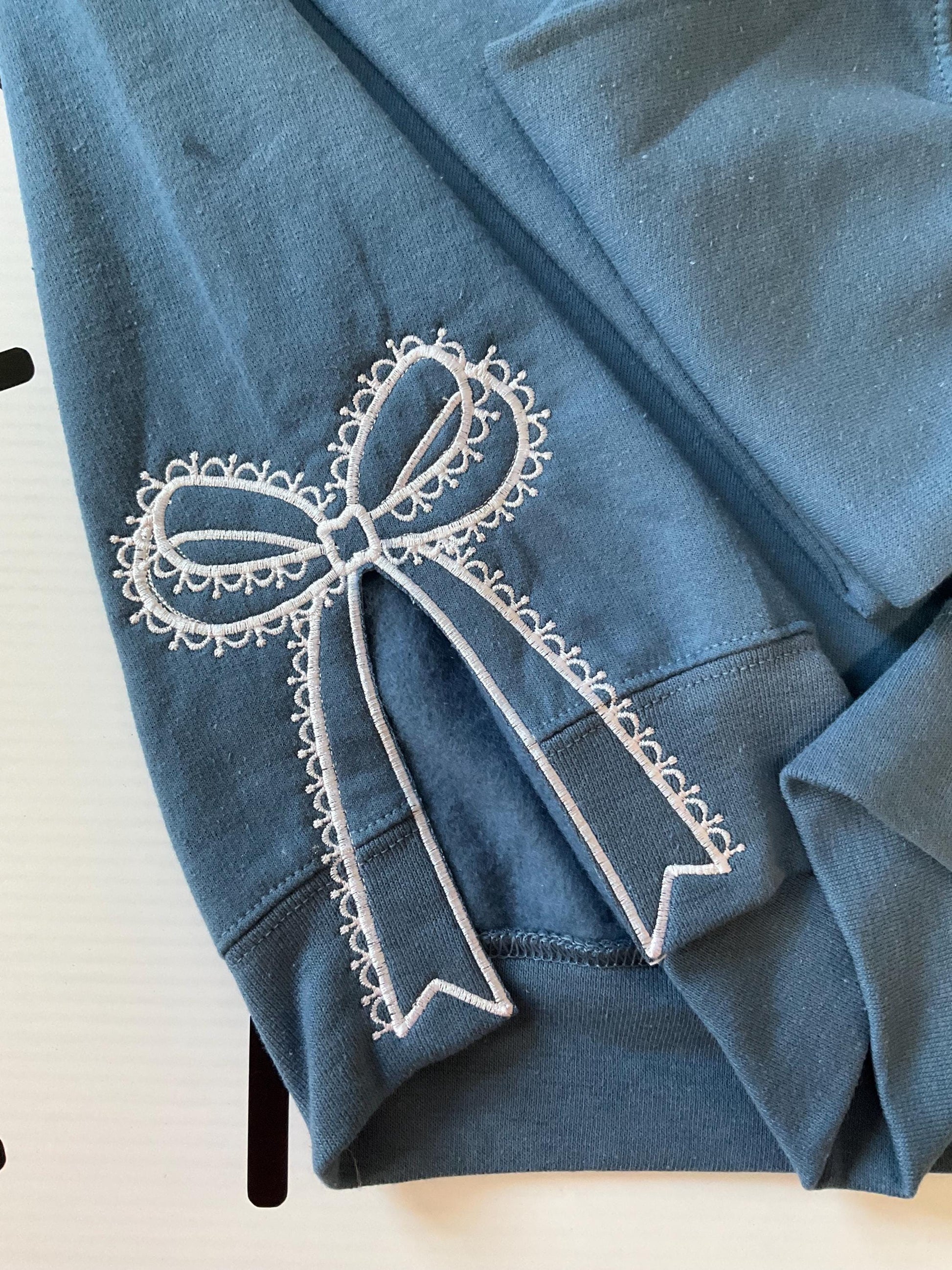 Embroidered Side Bow Sweatshirt: Classic Lace Design by Lina Loves Two, handmade in Los Angeles CA