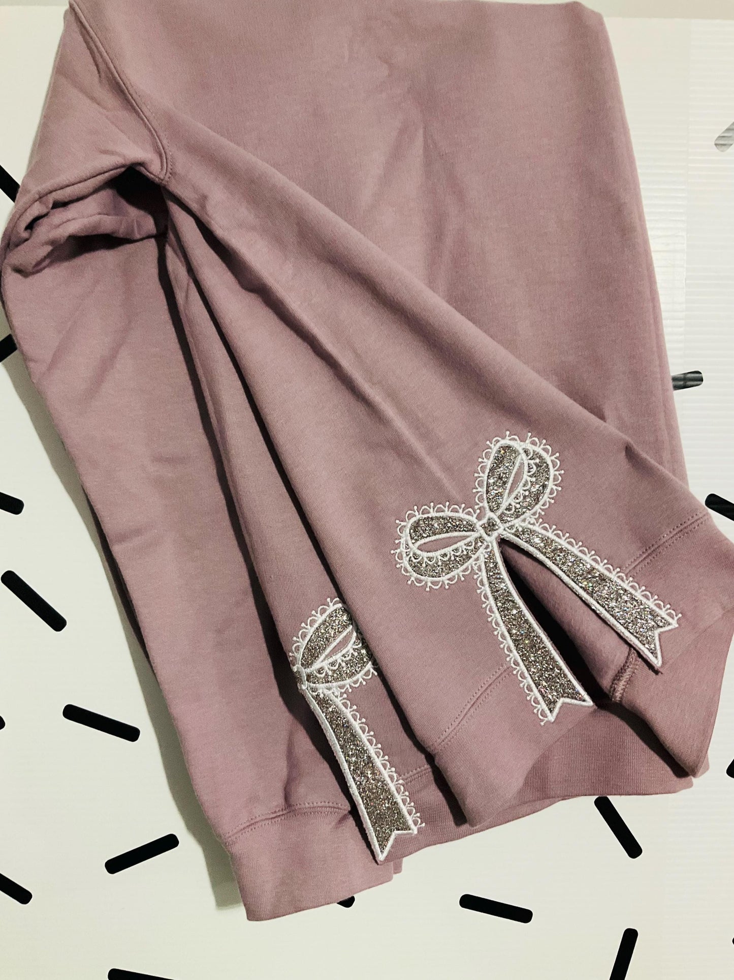 Embroidered Lace Glitter Bow Sweatshirt: Side Appliqué Design by Lina Loves Two, handmade in Los Angeles CA