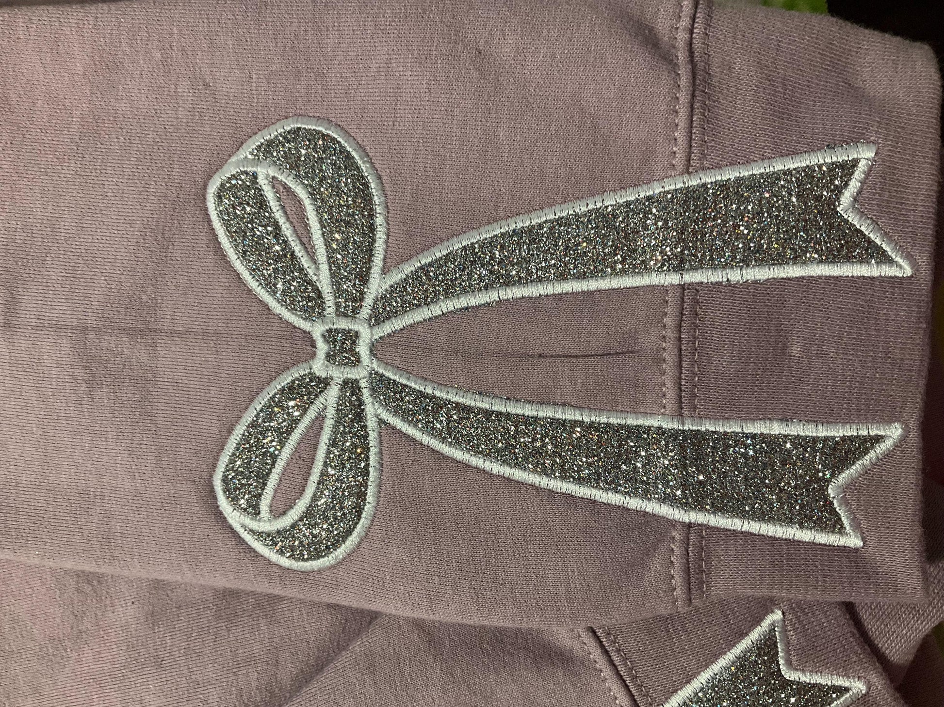 Embroidered Glitter Bow Sweatshirt: Side Appliqué Design by Lina Loves Two, handmade in Los Angeles CA