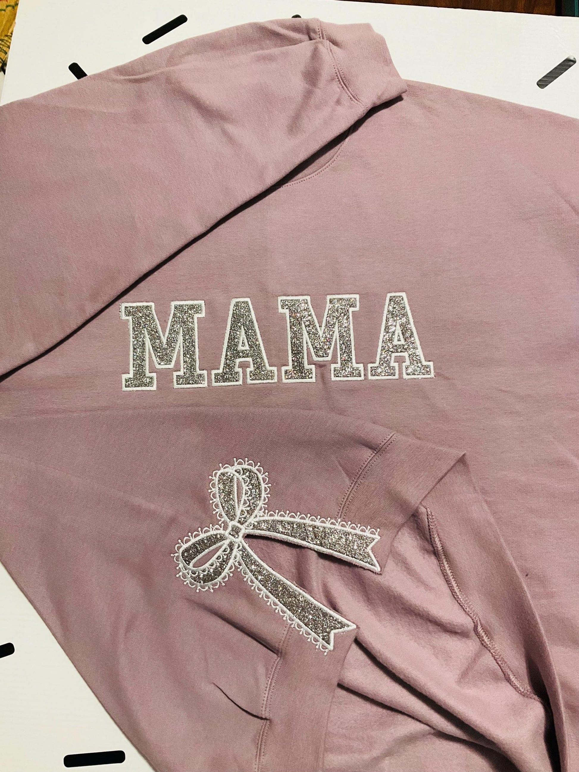 Embroidered Lace Side Bow Mama Appliqué Sweatshirt Design | Classic Lace Bow | Embroidered Bow Sweatshirt | Glitter Side Bow Sweatshirt by Lina Loves Two, handmade in Los Angeles CA