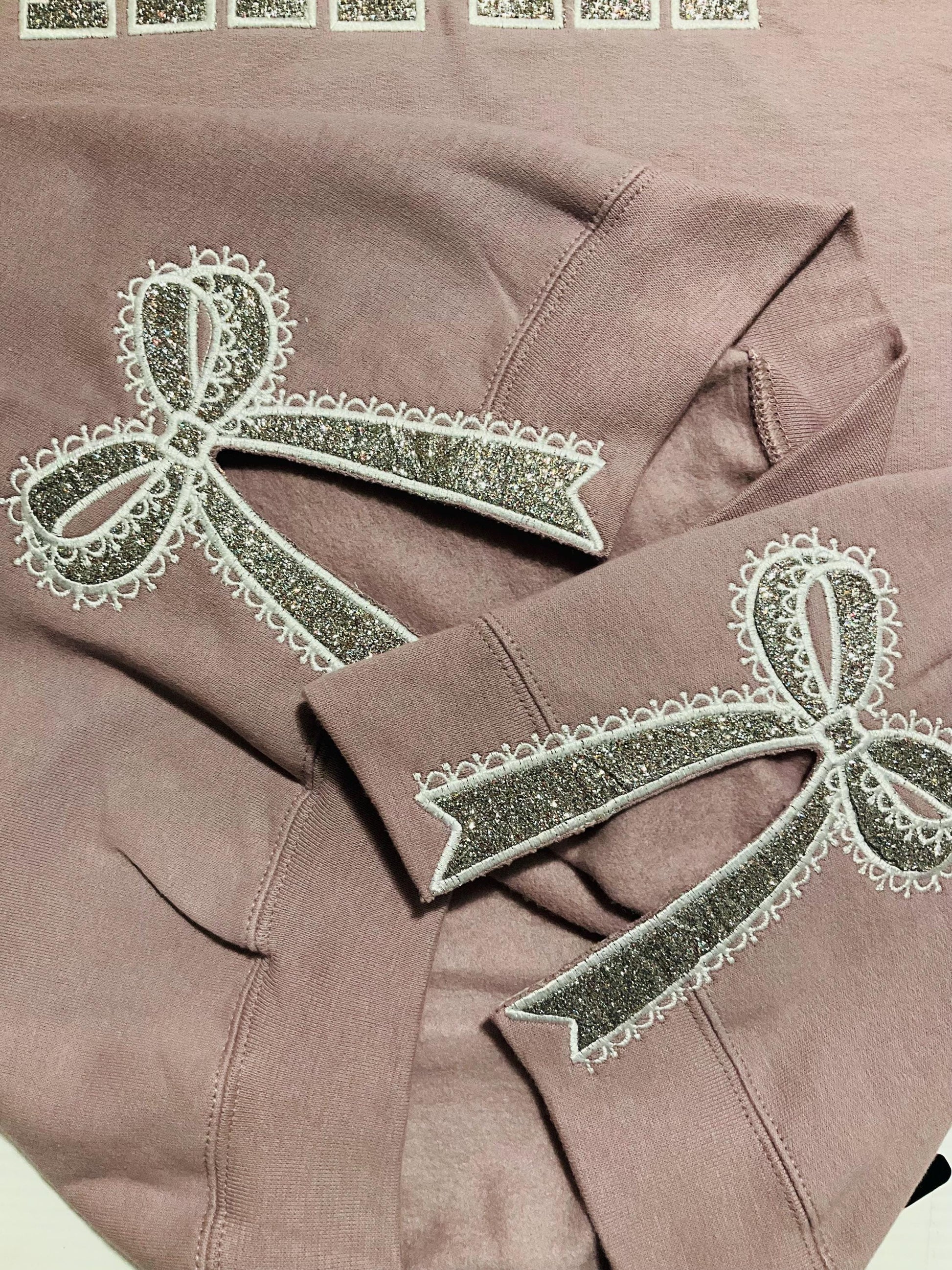 Embroidered Lace Side Bow Mama Appliqué Sweatshirt Design | Classic Lace Bow | Embroidered Bow Sweatshirt | Glitter Side Bow Sweatshirt by Lina Loves Two, handmade in Los Angeles CA