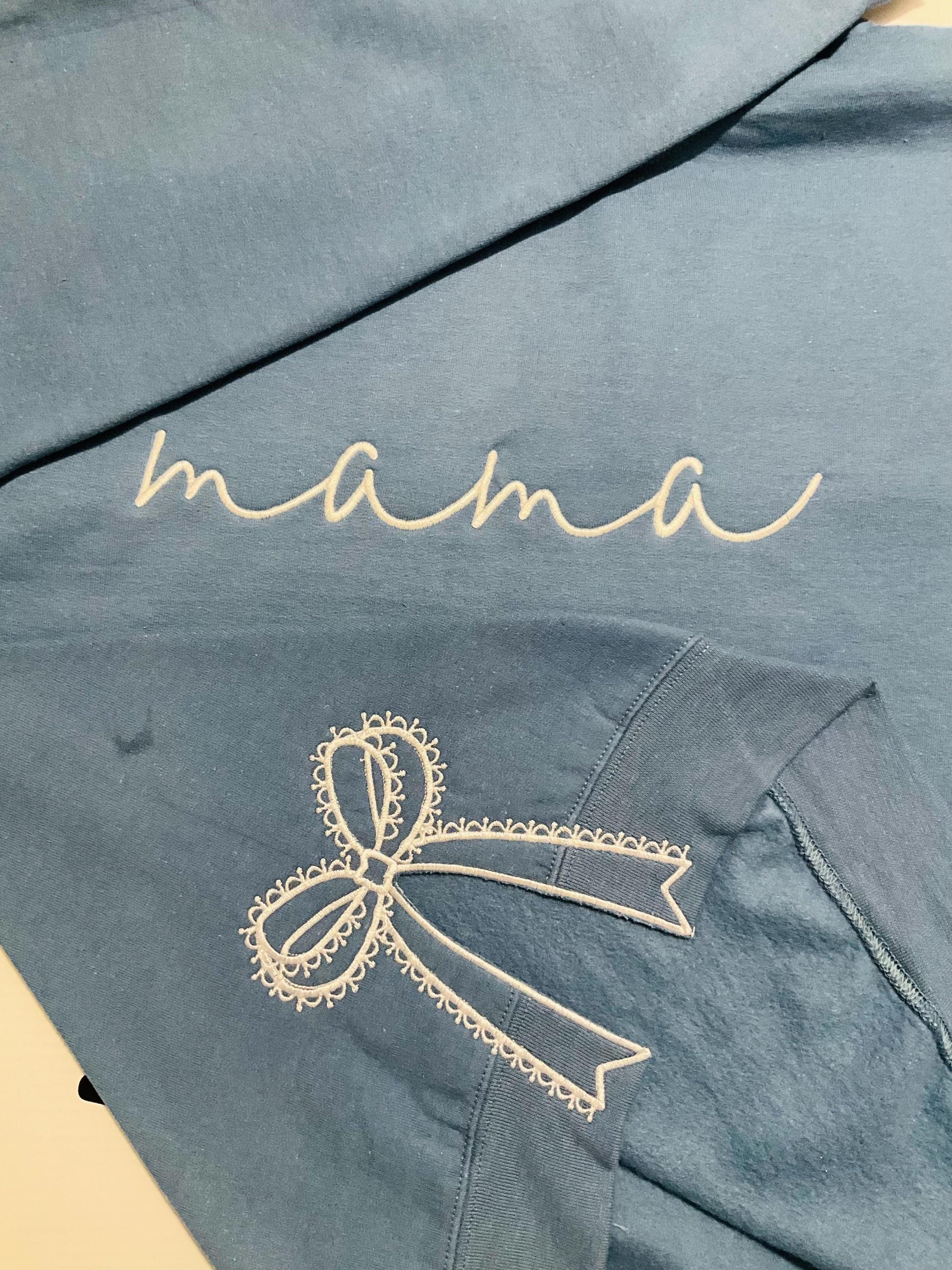Embroidered Mama Sweatshirt: Classic Lace Side Bow Design by Lina Loves Two, handmade in Los Angeles CA
