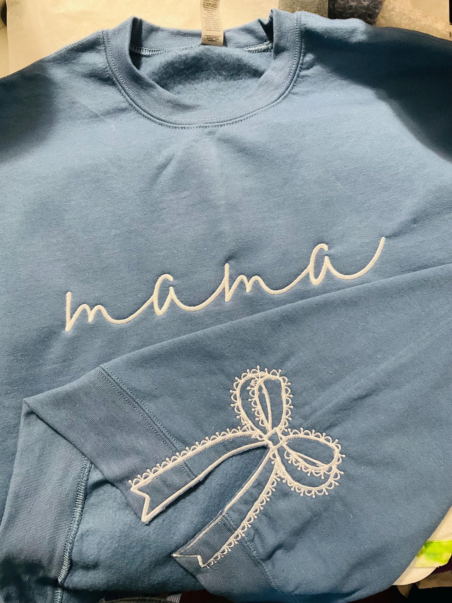 Embroidered Mama Sweatshirt: Classic Lace Side Bow Design by Lina Loves Two, handmade in Los Angeles CA