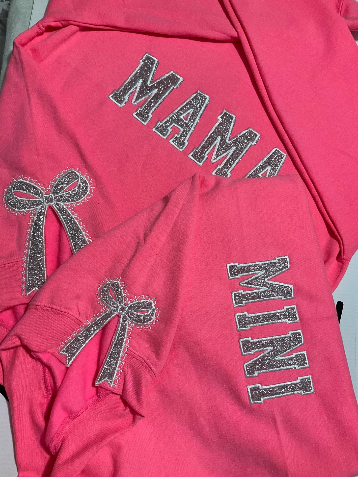 Embroidered Glitter Bow Mama and Mini Sweatshirt Set by Lina Loves Two, handmade in Los Angeles CA