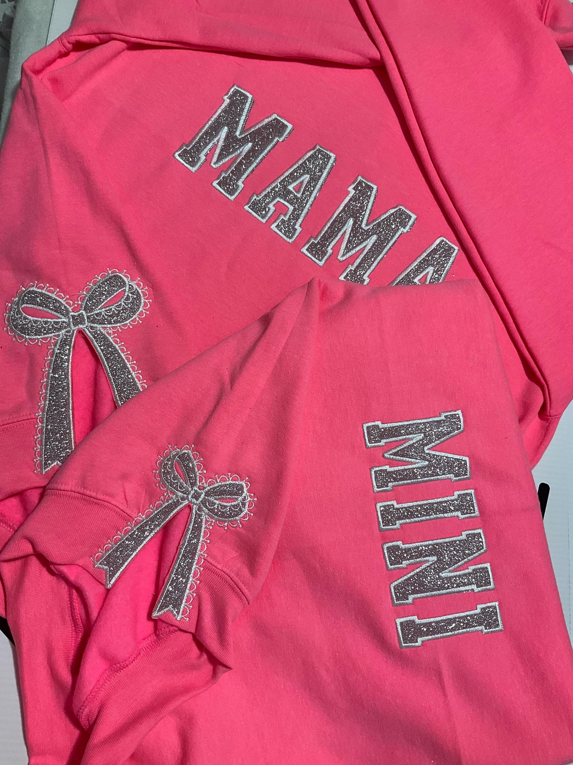 Embroidered Glitter Bow Mama and Mini Sweatshirt Set by Lina Loves Two, handmade in Los Angeles CA