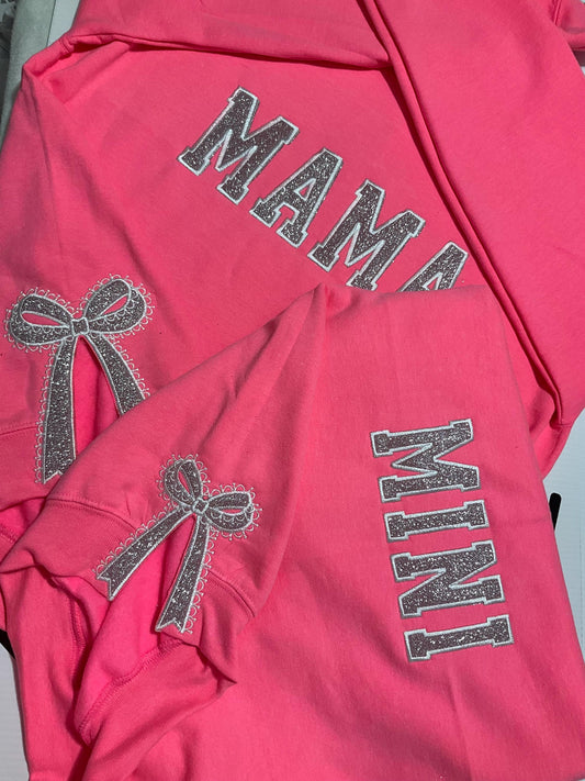 Embroidered Glitter Side Lace Bow Appliqué Mama and Mini Sweatshirt Design | Embroidered Bow Sweatshirt | Matching Mama Mini Sweatshirts