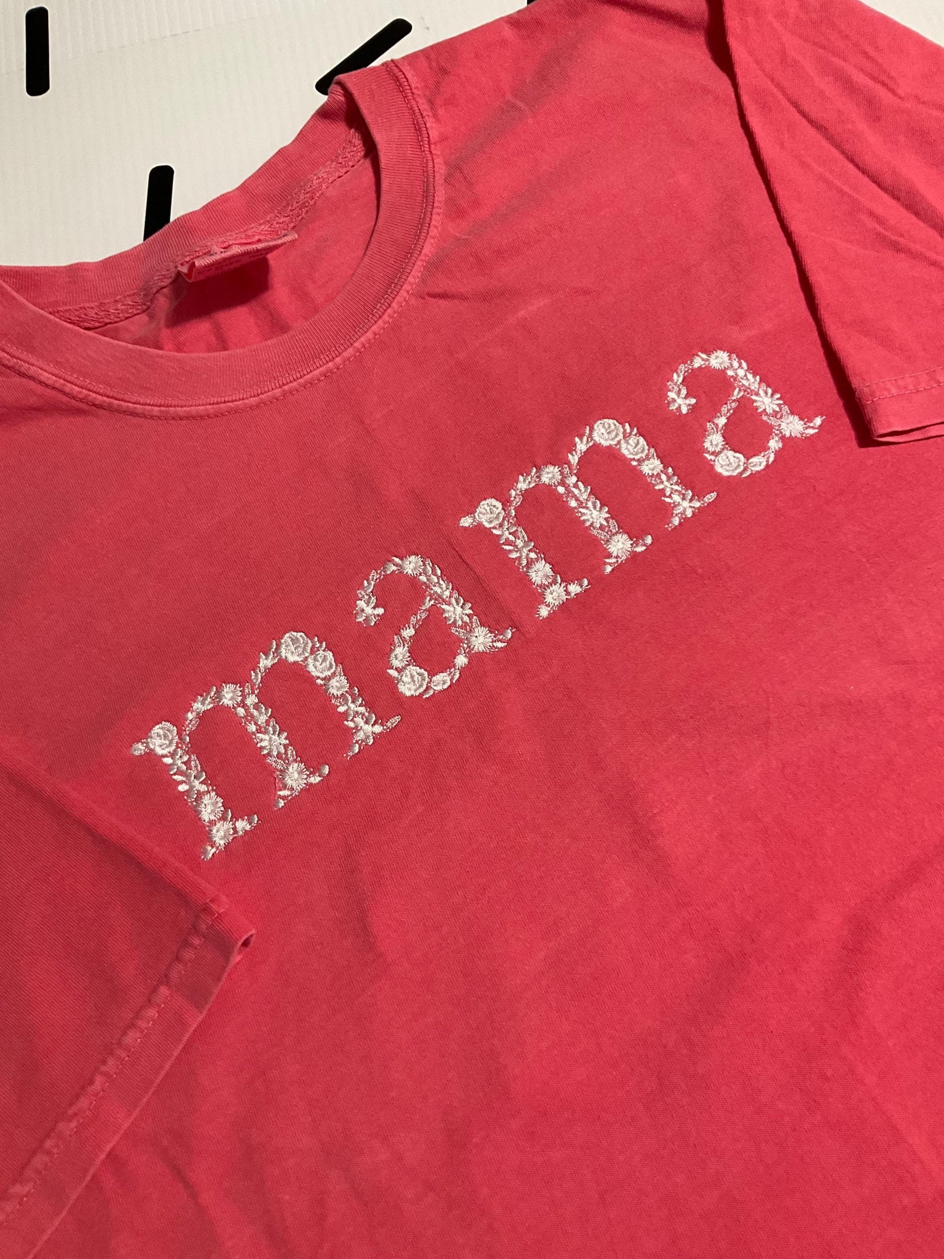 Personalized Mama Floral Embroidered Comfort Colors T-shirt by Lina Loves Two, handmade in Los Angeles CA