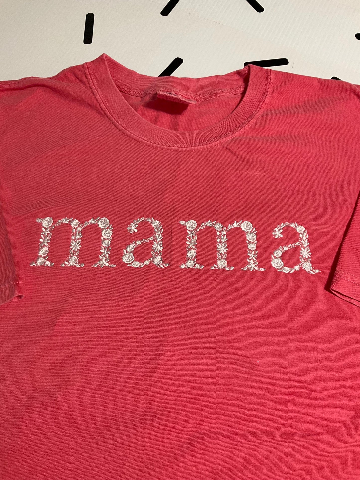 Personalized Mama Floral Embroidered Comfort Colors T-shirt by Lina Loves Two, handmade in Los Angeles CA