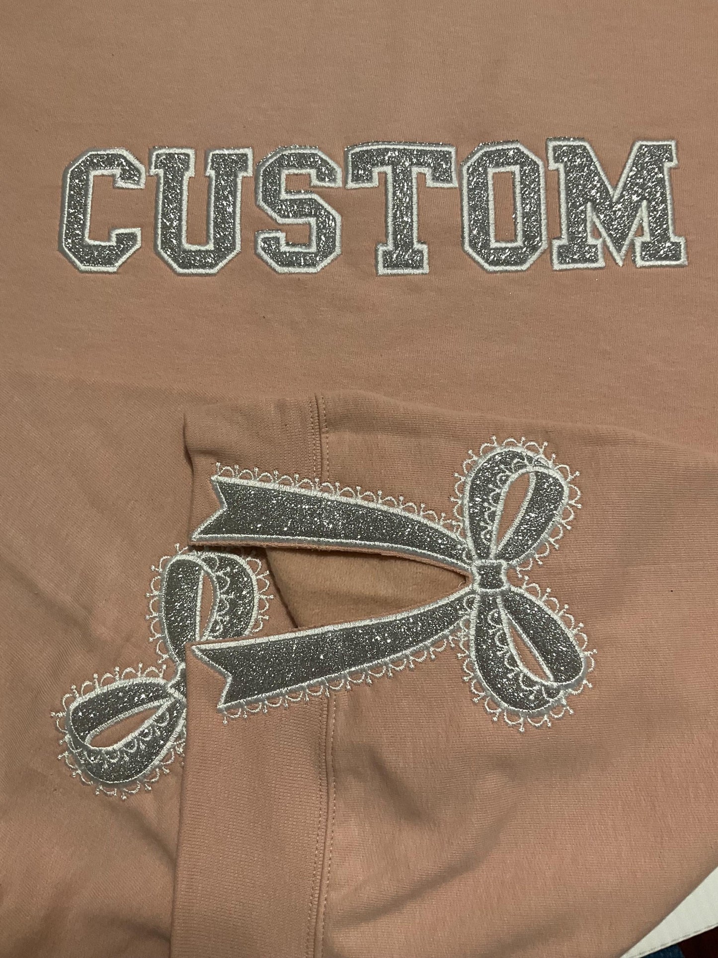 Custom Embroidered Appliqué Sweatshirt: Lace Side Bow Design by Lina Loves Two, handmade in Los Angeles CA