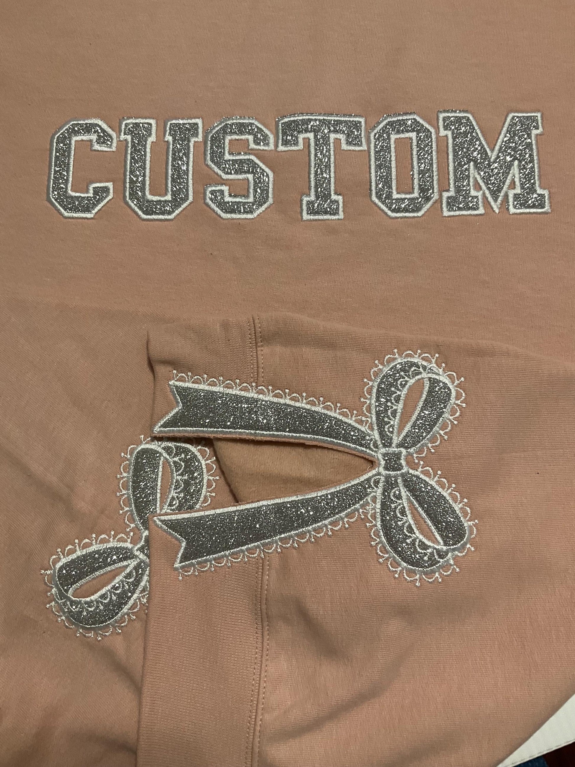 Custom Embroidered Appliqué Sweatshirt: Lace Side Bow Design by Lina Loves Two, handmade in Los Angeles CA