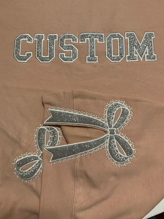 Custom Embroidered Appliqué Sweatshirt: Lace Side Bow Design by Lina Loves Two, handmade in Los Angeles CA