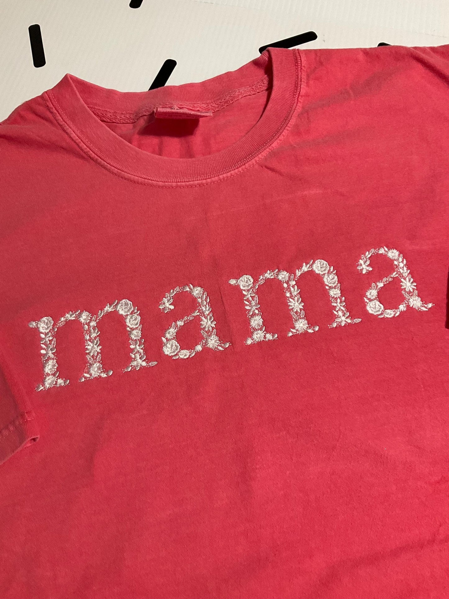Personalized Mama Floral Embroidered Comfort Colors T-shirt by Lina Loves Two, handmade in Los Angeles CA