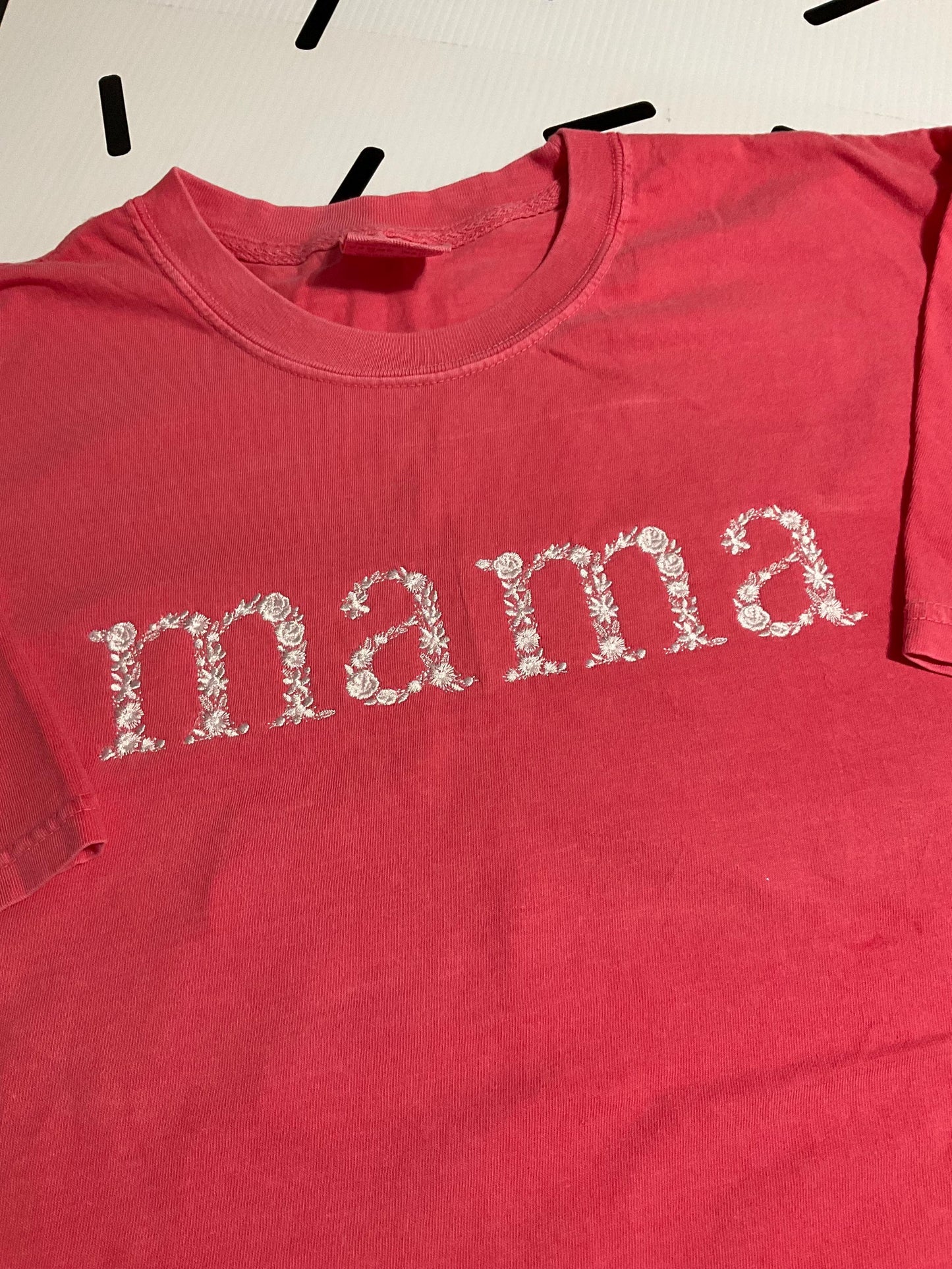 Personalized Mama Floral Embroidered Comfort Colors T-shirt by Lina Loves Two, handmade in Los Angeles CA