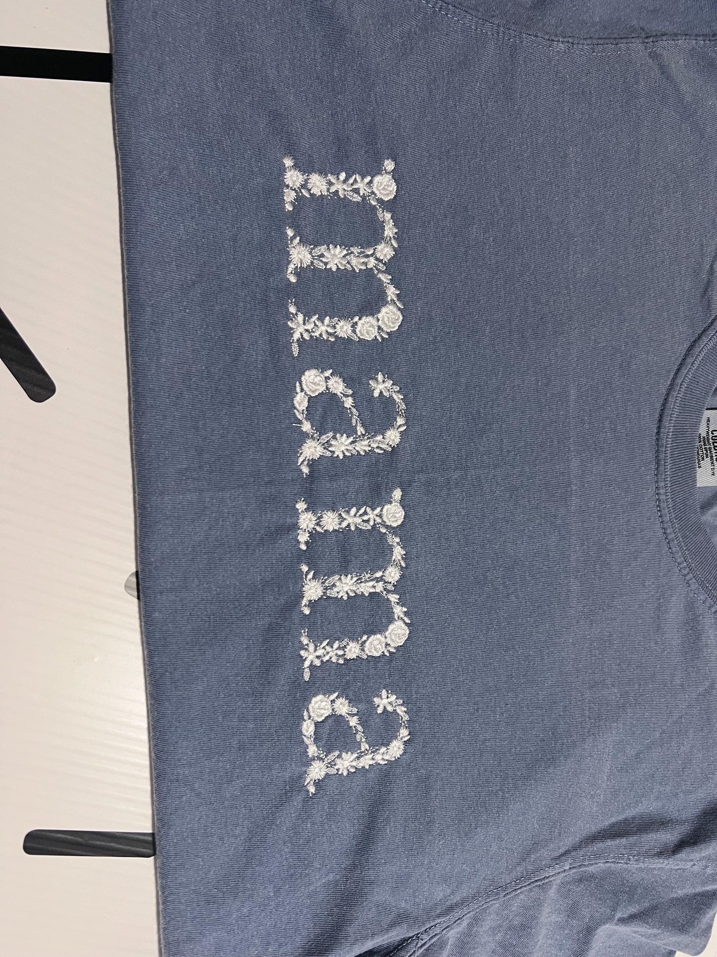 Personalized Mama Floral Embroidered Comfort Colors T-shirt by Lina Loves Two, handmade in Los Angeles CA