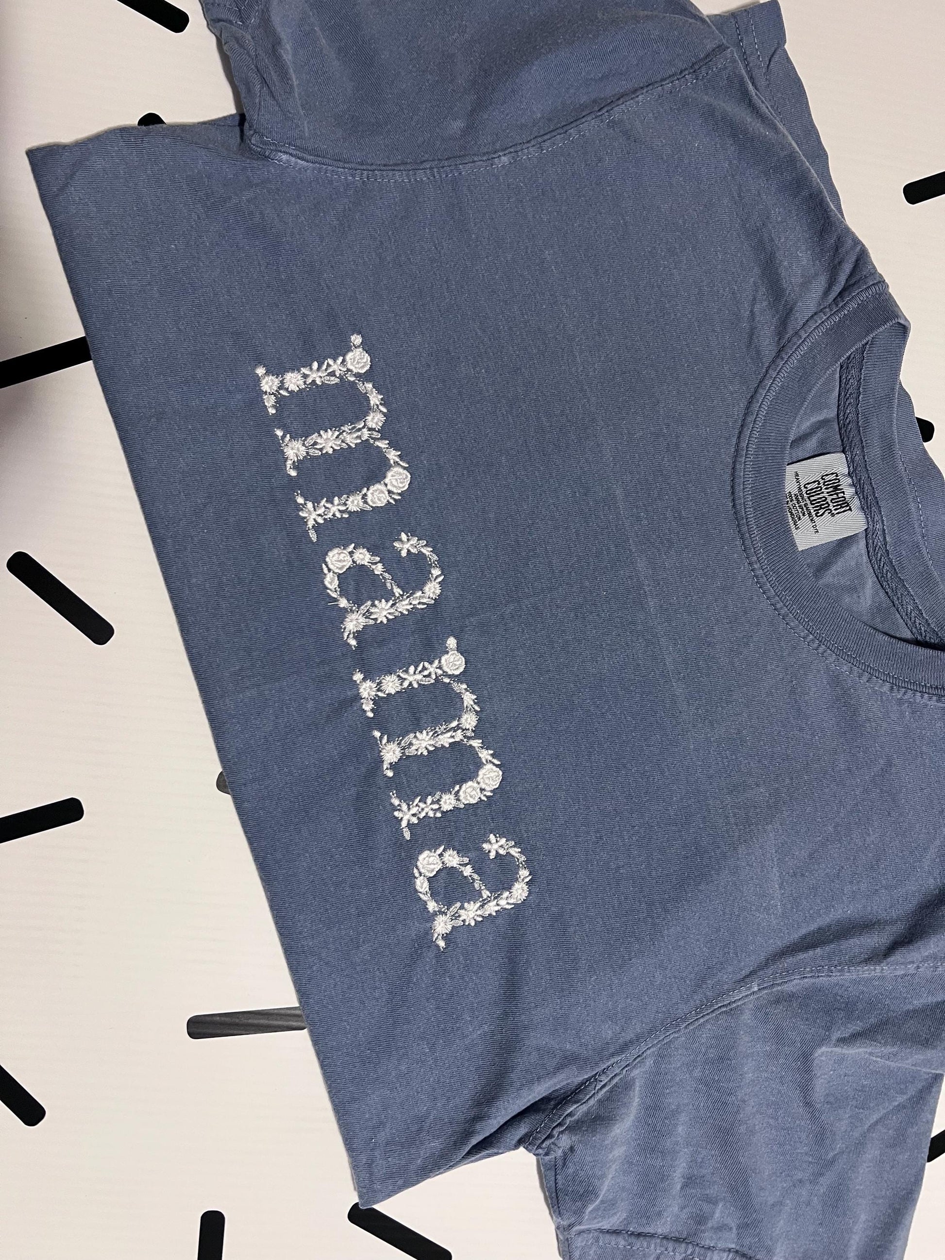 Personalized Mama Floral Embroidered Comfort Colors T-shirt by Lina Loves Two, handmade in Los Angeles CA