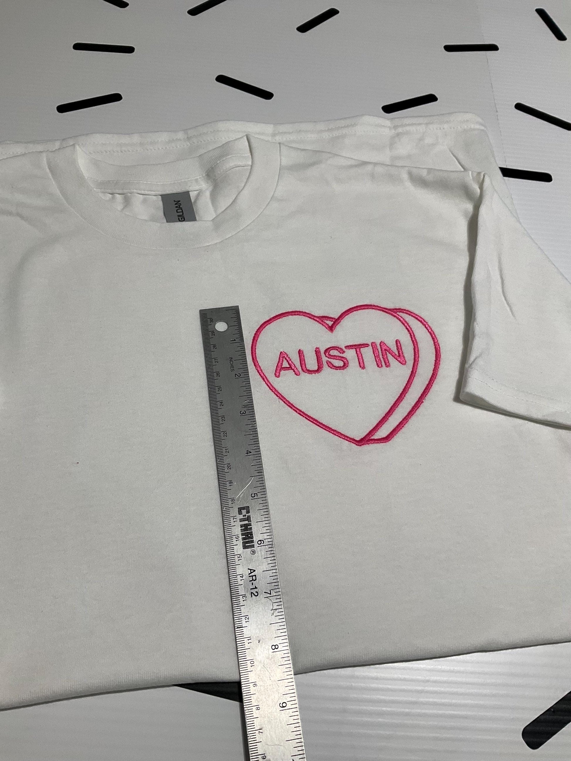 Custom Embroidered Candy Heart Sweatshirt: Personalized Valentine Gift by Lina Loves Two, handmade in Los Angeles CA