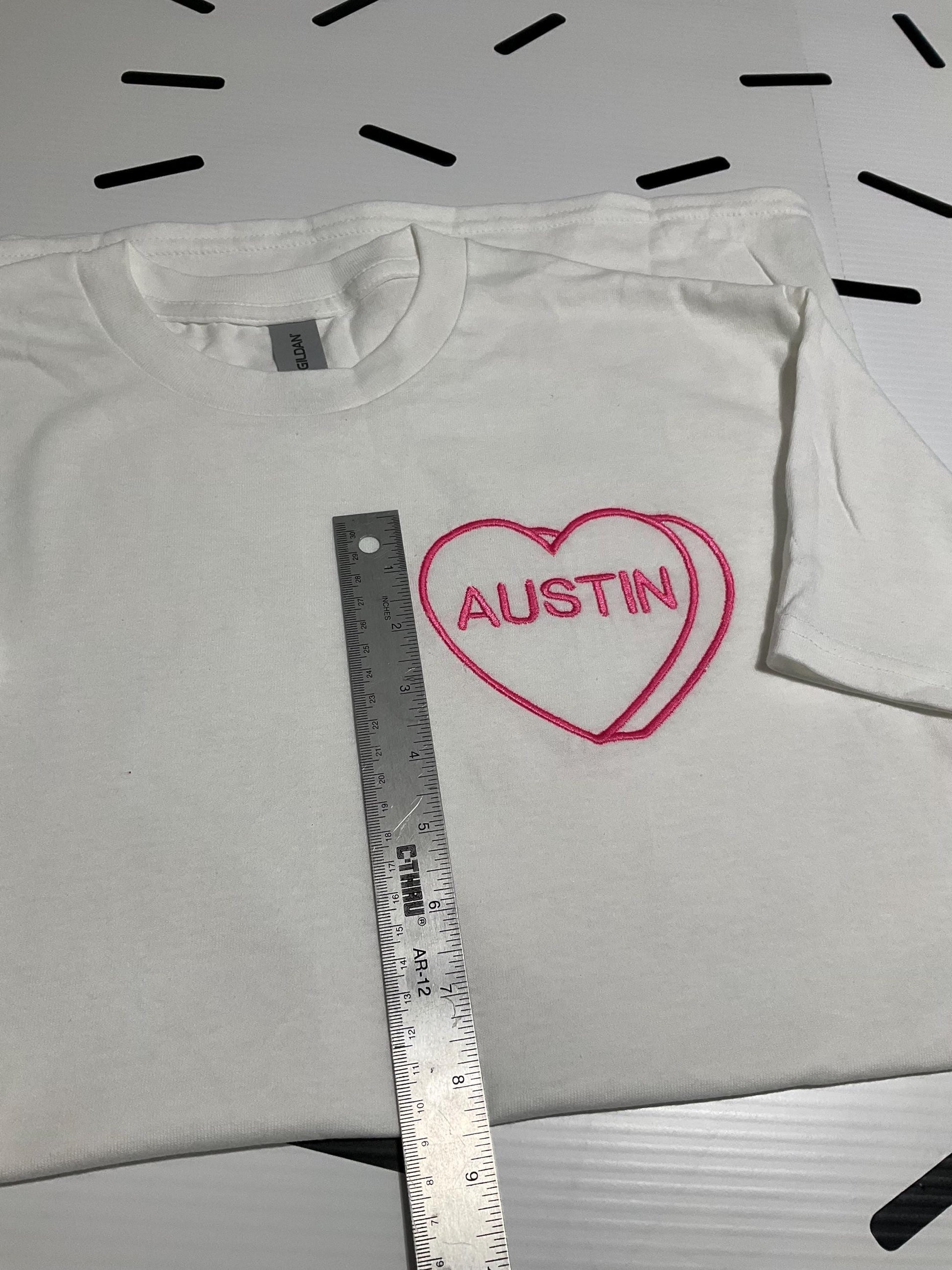 Custom Embroidered Candy Heart Sweatshirt: Personalized Valentine Gift by Lina Loves Two, handmade in Los Angeles CA