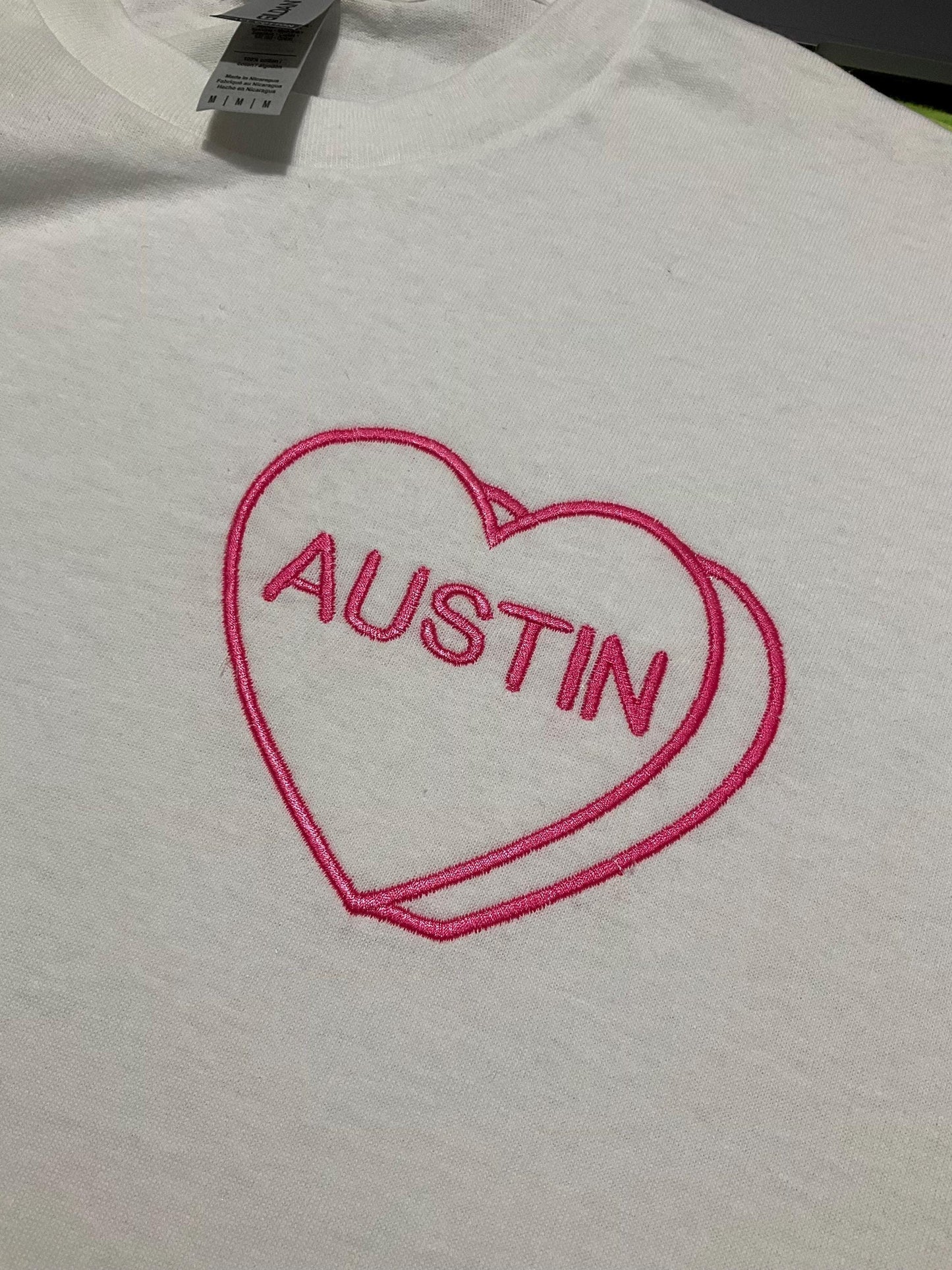 Custom Embroidered Valentine T-Shirt | Personalized Candy Hearts | Valentine Gift | Children's Gift | Couples Gift | Personalized Gift by Lina Loves Two, handmade in Los Angeles CA