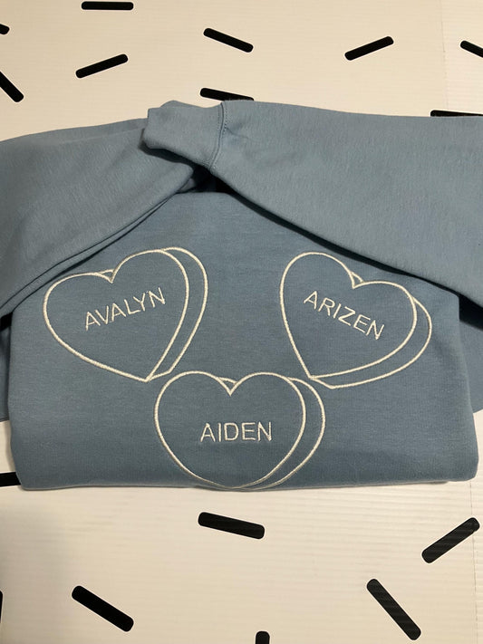Custom Embroidered Valentine Sweatshirt | Personalized Candy Hearts | Valentine Gift | Boyfriend Gift | Couples Gift | Personalized Gift by Lina Loves Two, handmade in Los Angeles CA